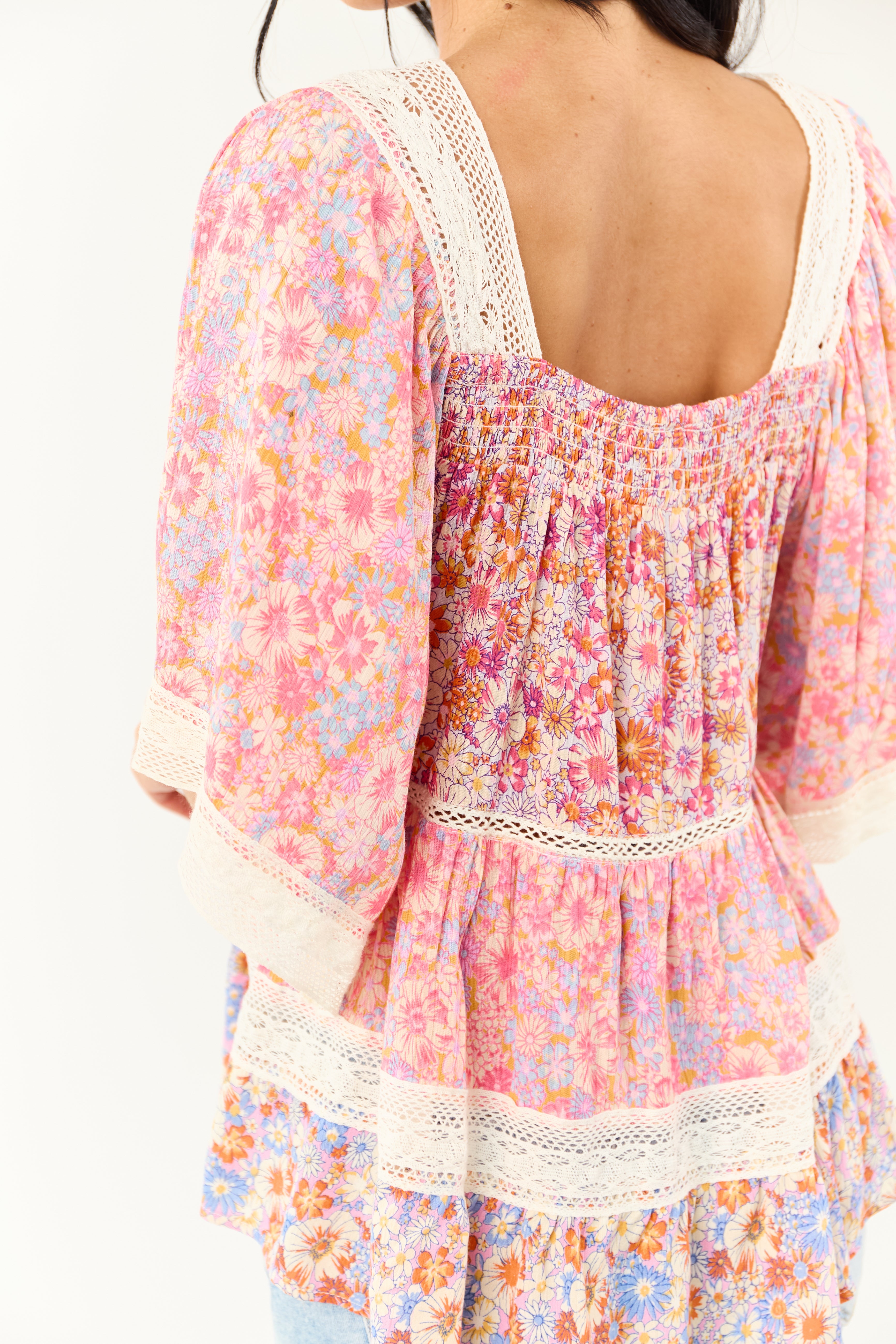 Fuchsia Floral Print Lace Trim Half Sleeve Top