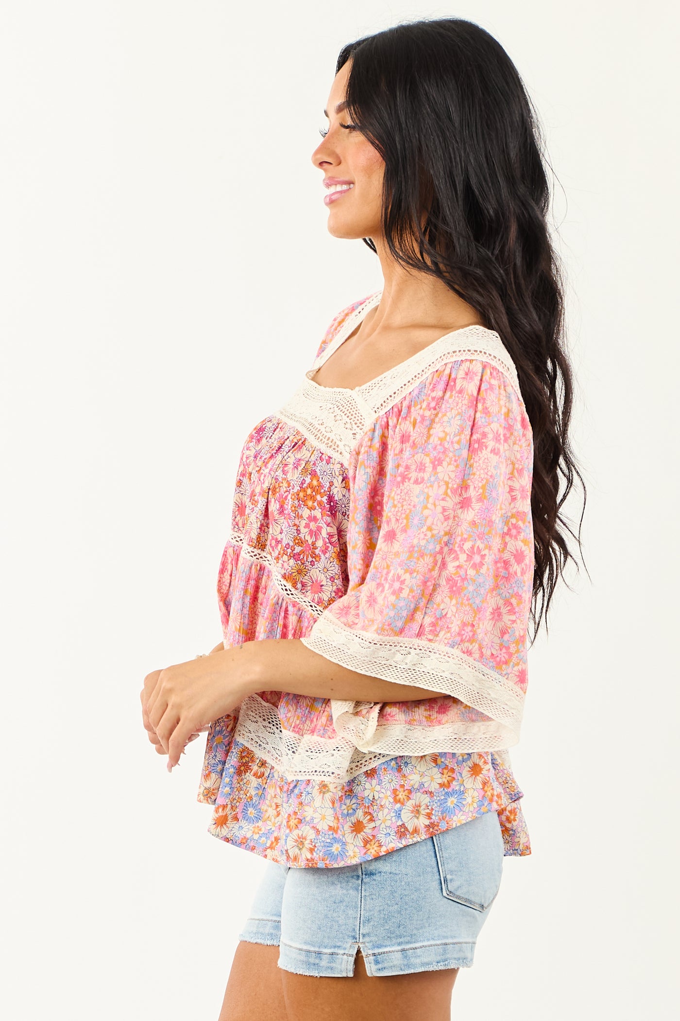 Fuchsia Floral Print Lace Trim Half Sleeve Top