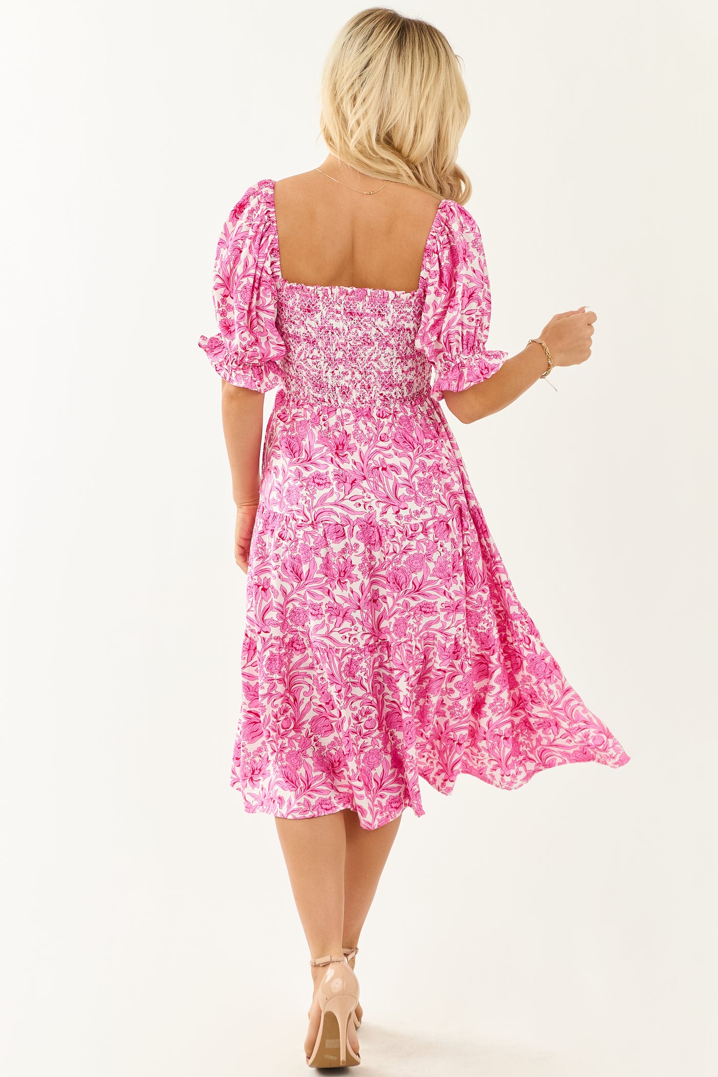 Fuchsia Floral Print Smocked Half Sleeve Midi Dress