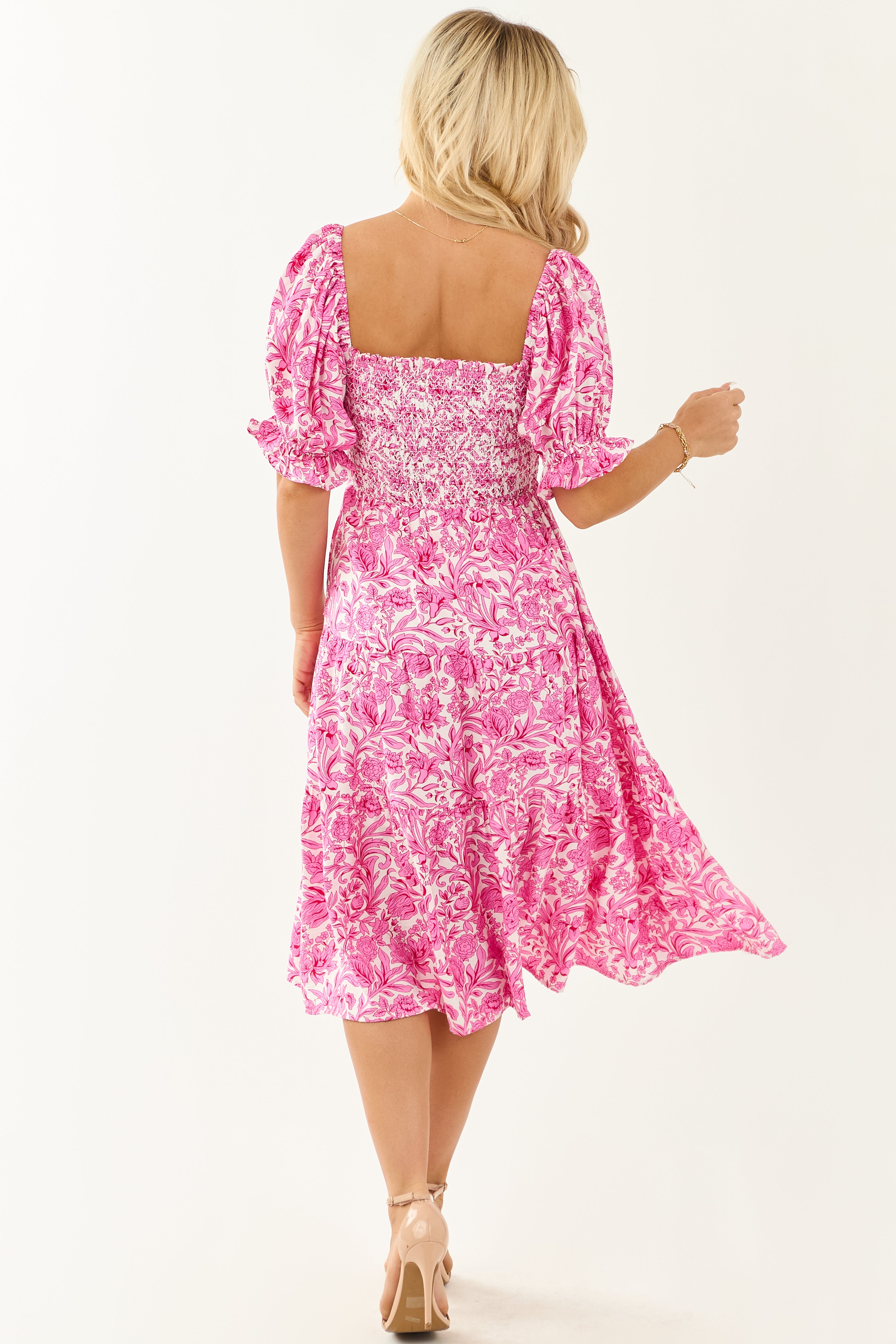 Fuchsia Floral Print Smocked Half Sleeve Midi Dress