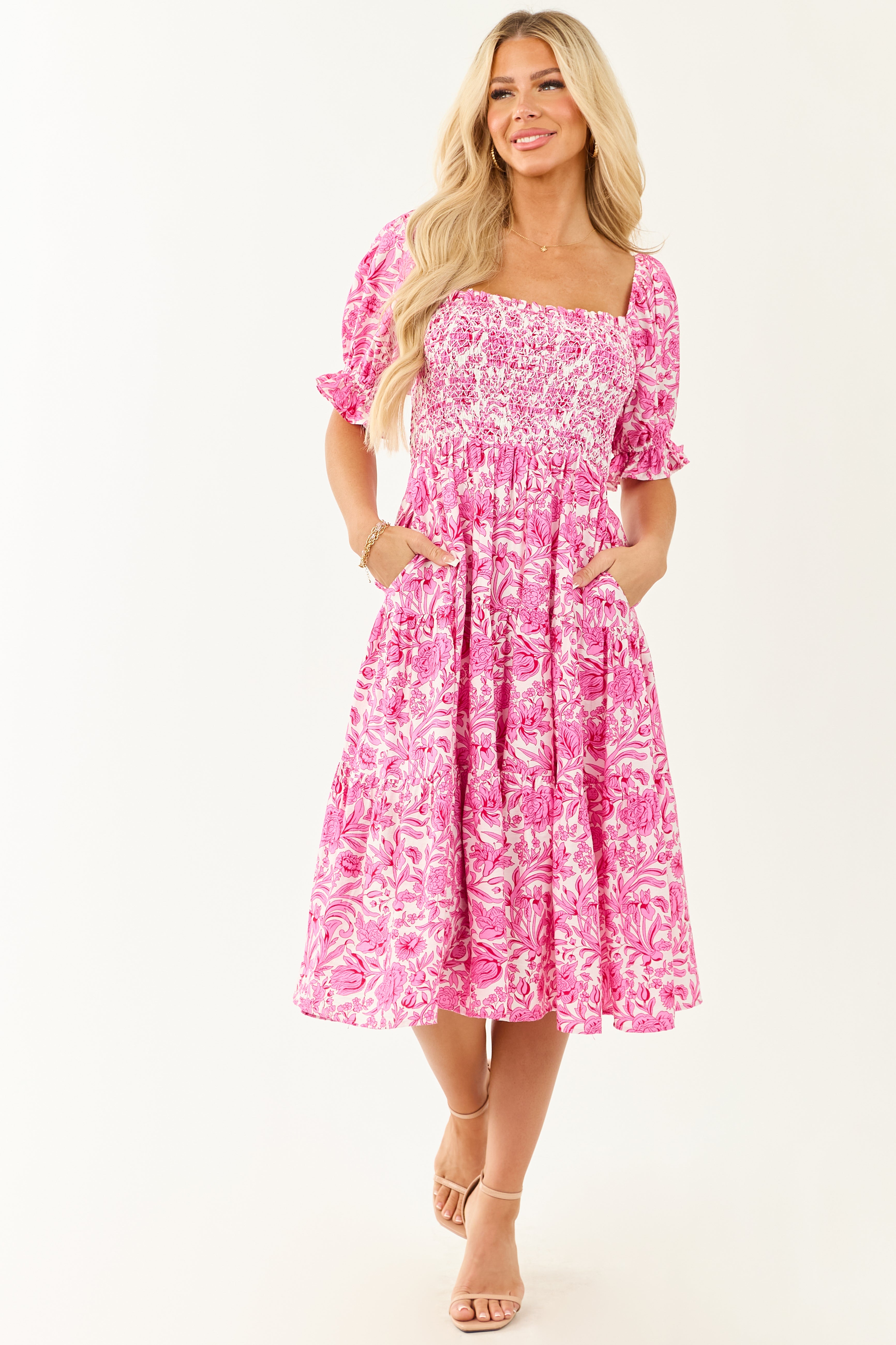 Fuchsia Floral Print Smocked Half Sleeve Midi Dress