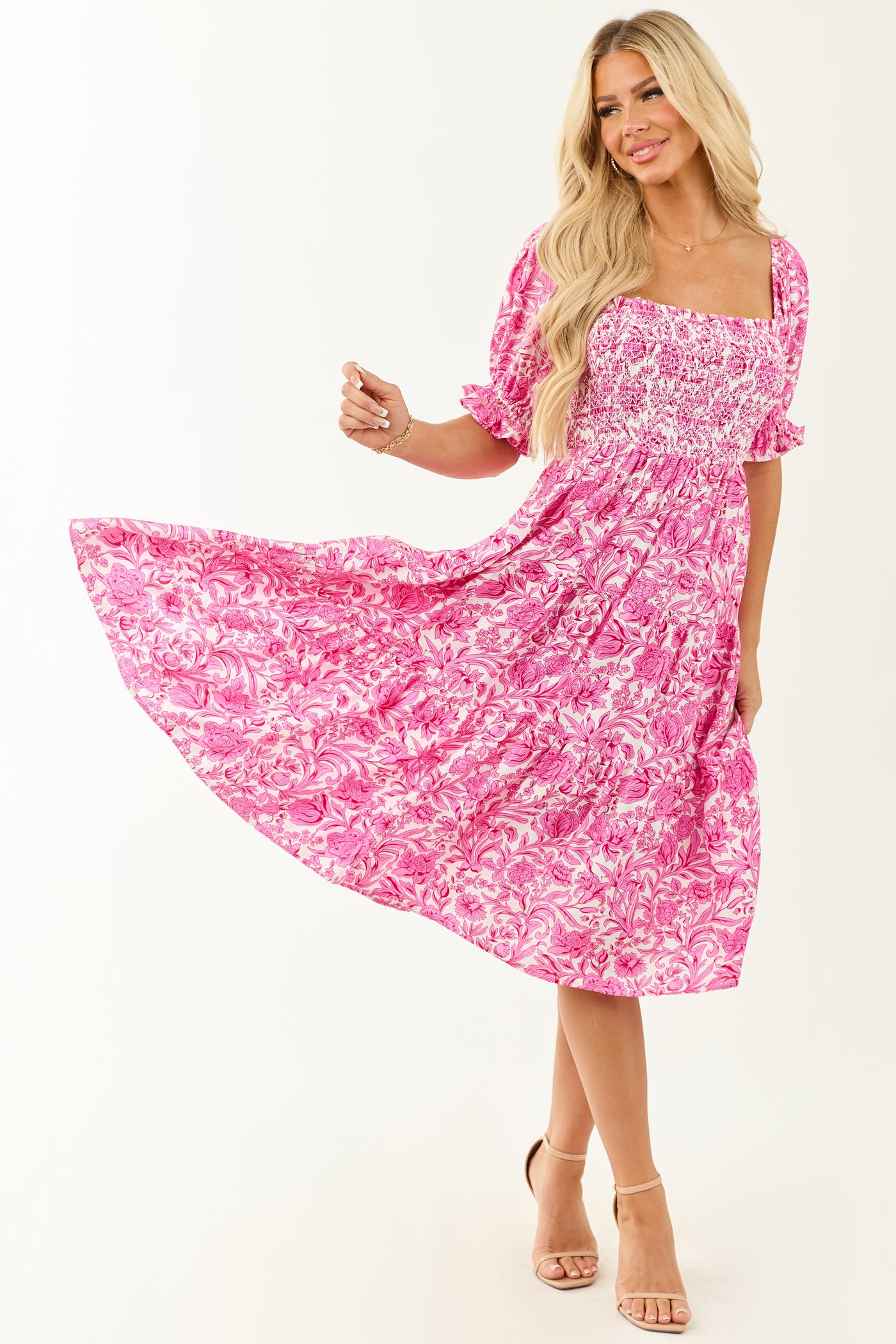 Fuchsia Floral Print Smocked Half Sleeve Midi Dress