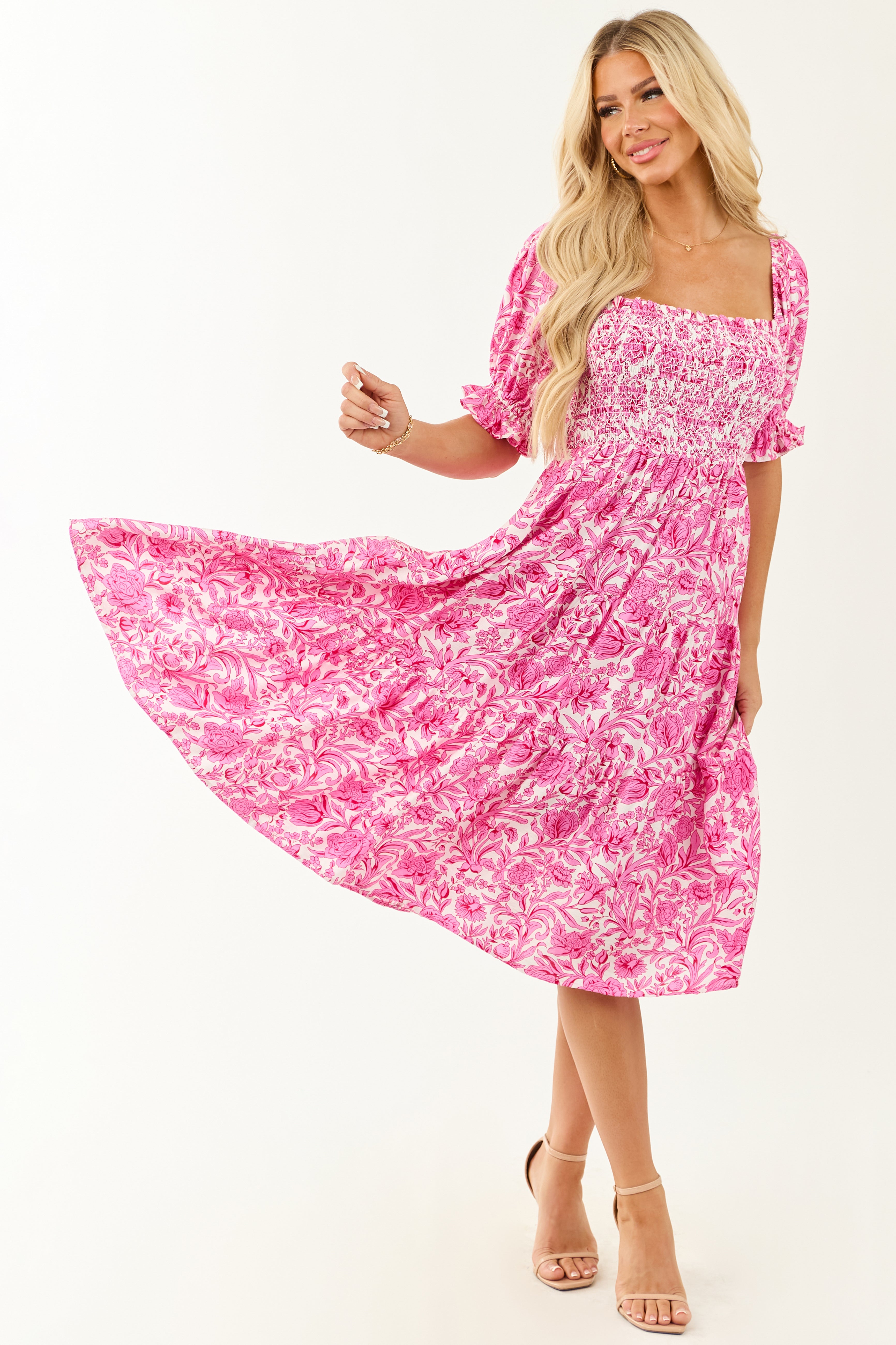 Fuchsia Floral Print Smocked Half Sleeve Midi Dress