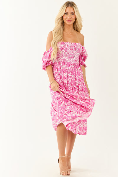 Fuchsia Floral Print Smocked Half Sleeve Midi Dress