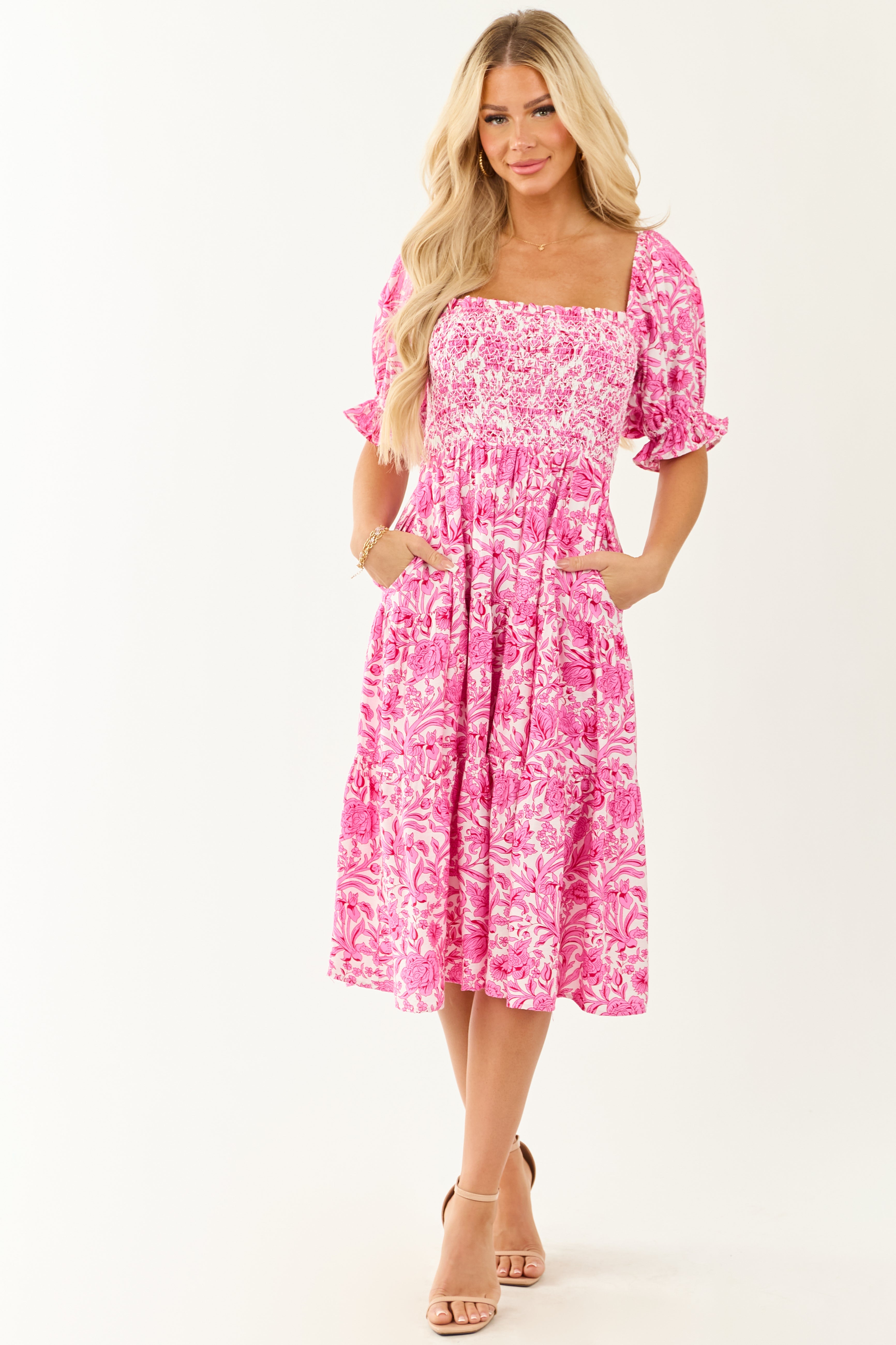 Fuchsia Floral Print Smocked Half Sleeve Midi Dress