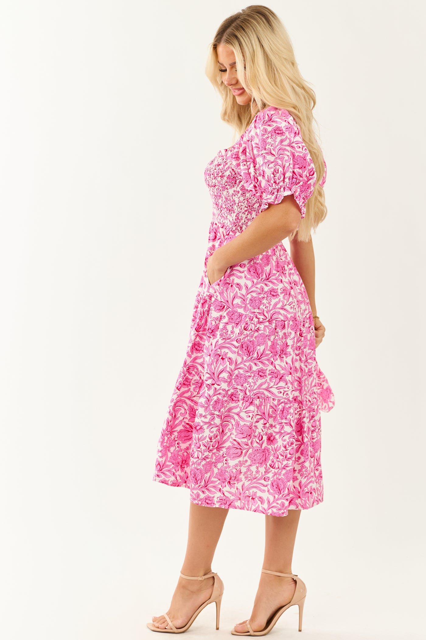 Fuchsia Floral Print Smocked Half Sleeve Midi Dress