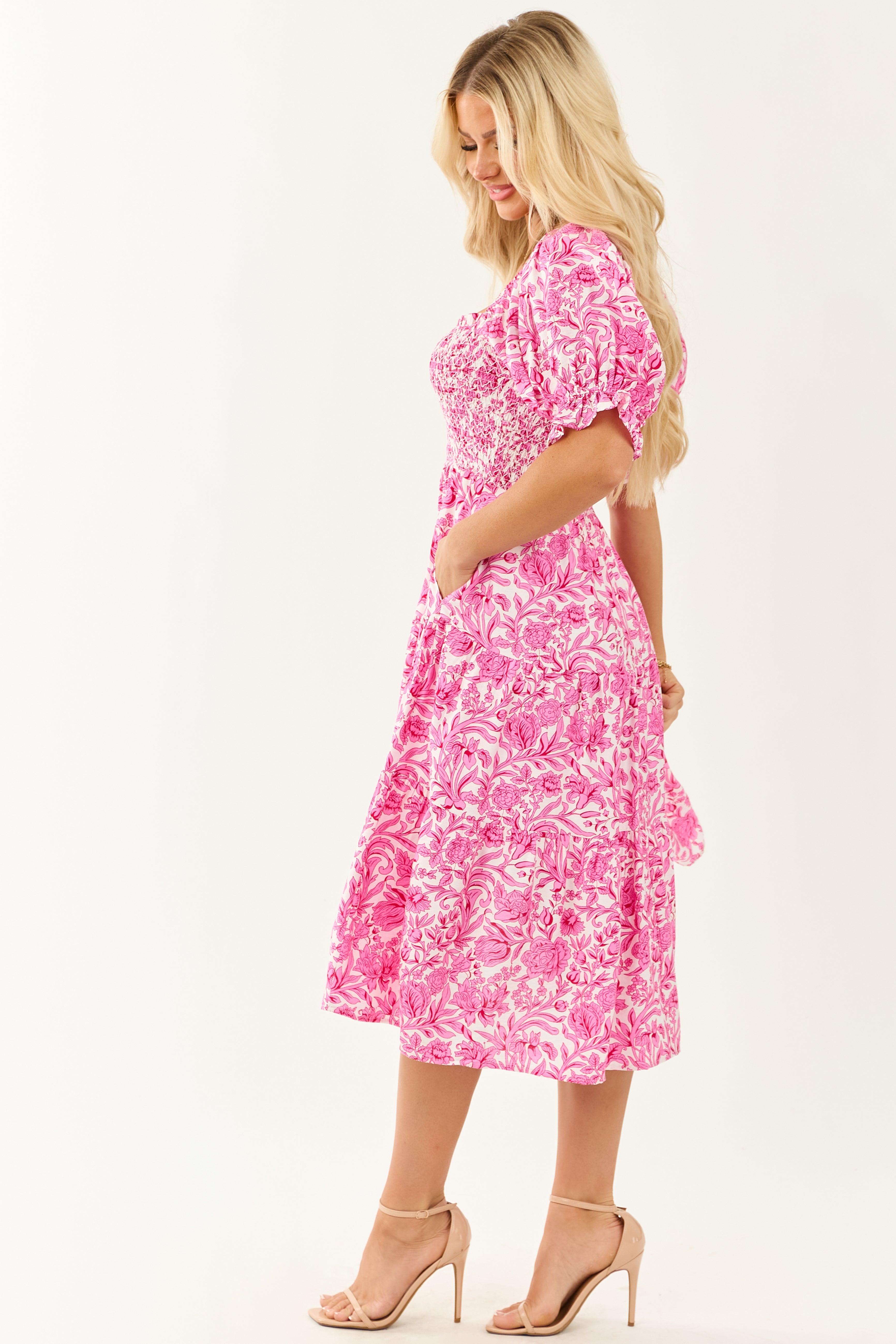 Fuchsia Floral Print Smocked Half Sleeve Midi Dress