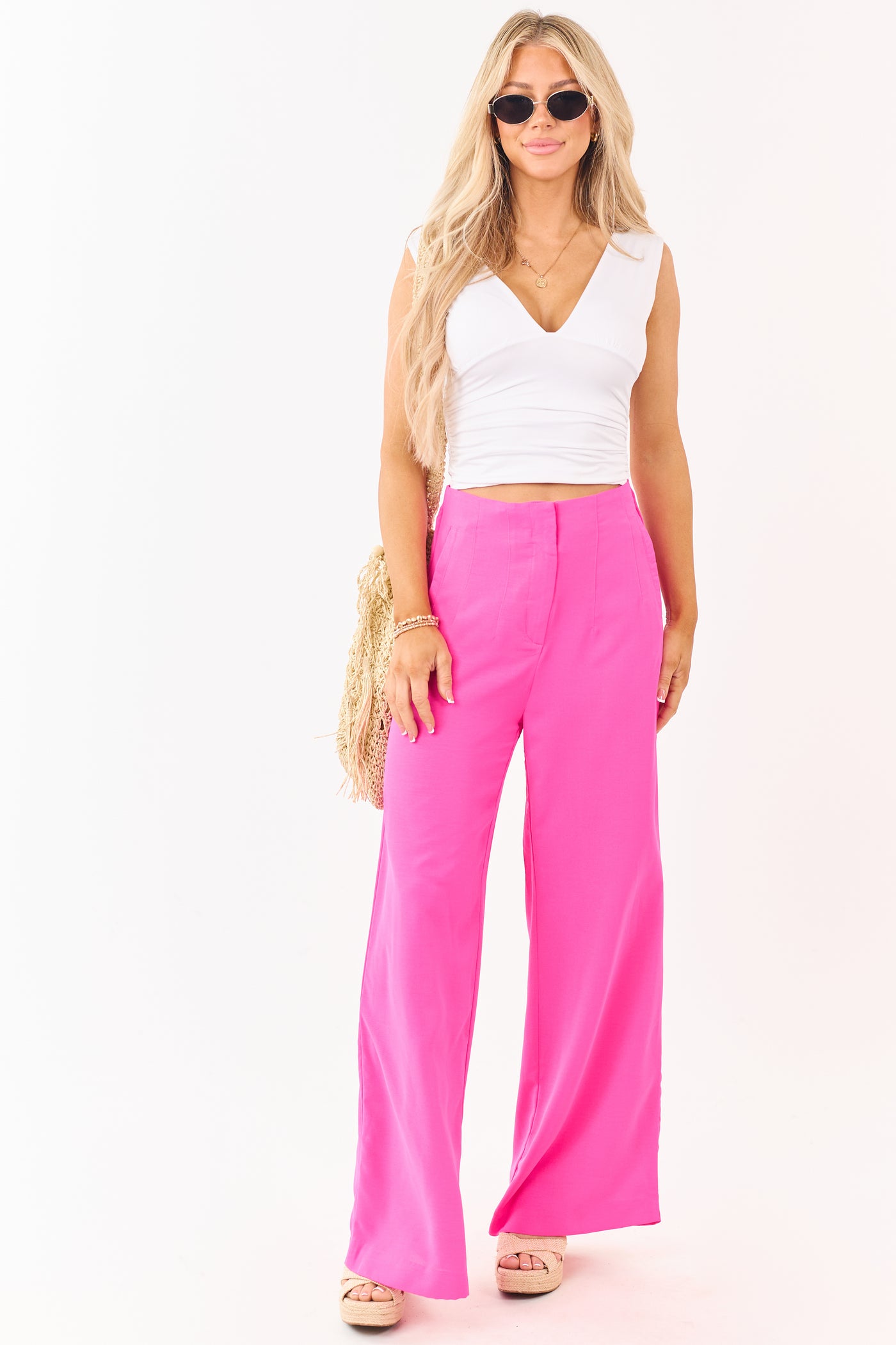 Fuchsia High Waisted Flowy Wide Leg Pants