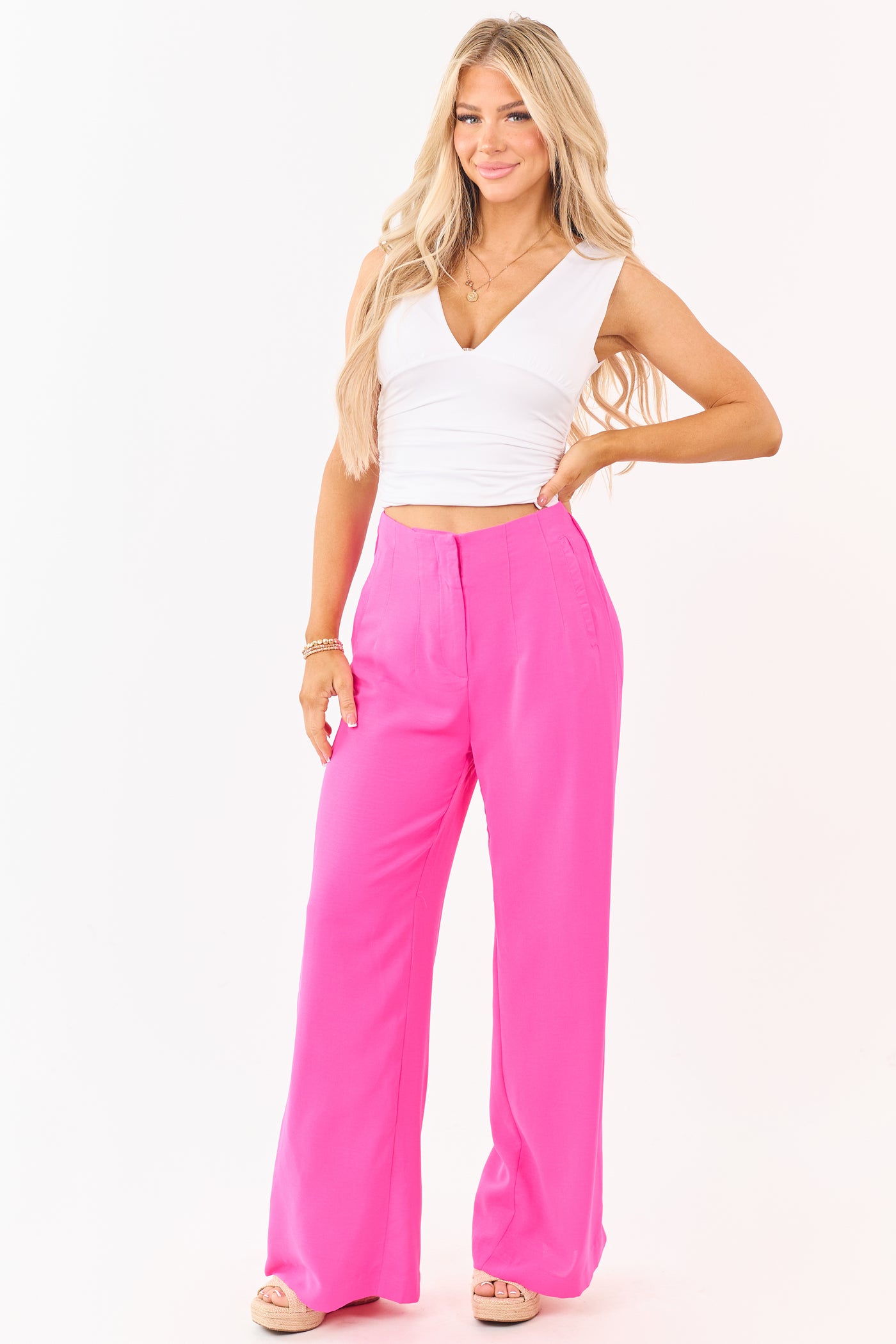 Fuchsia High Waisted Flowy Wide Leg Pants