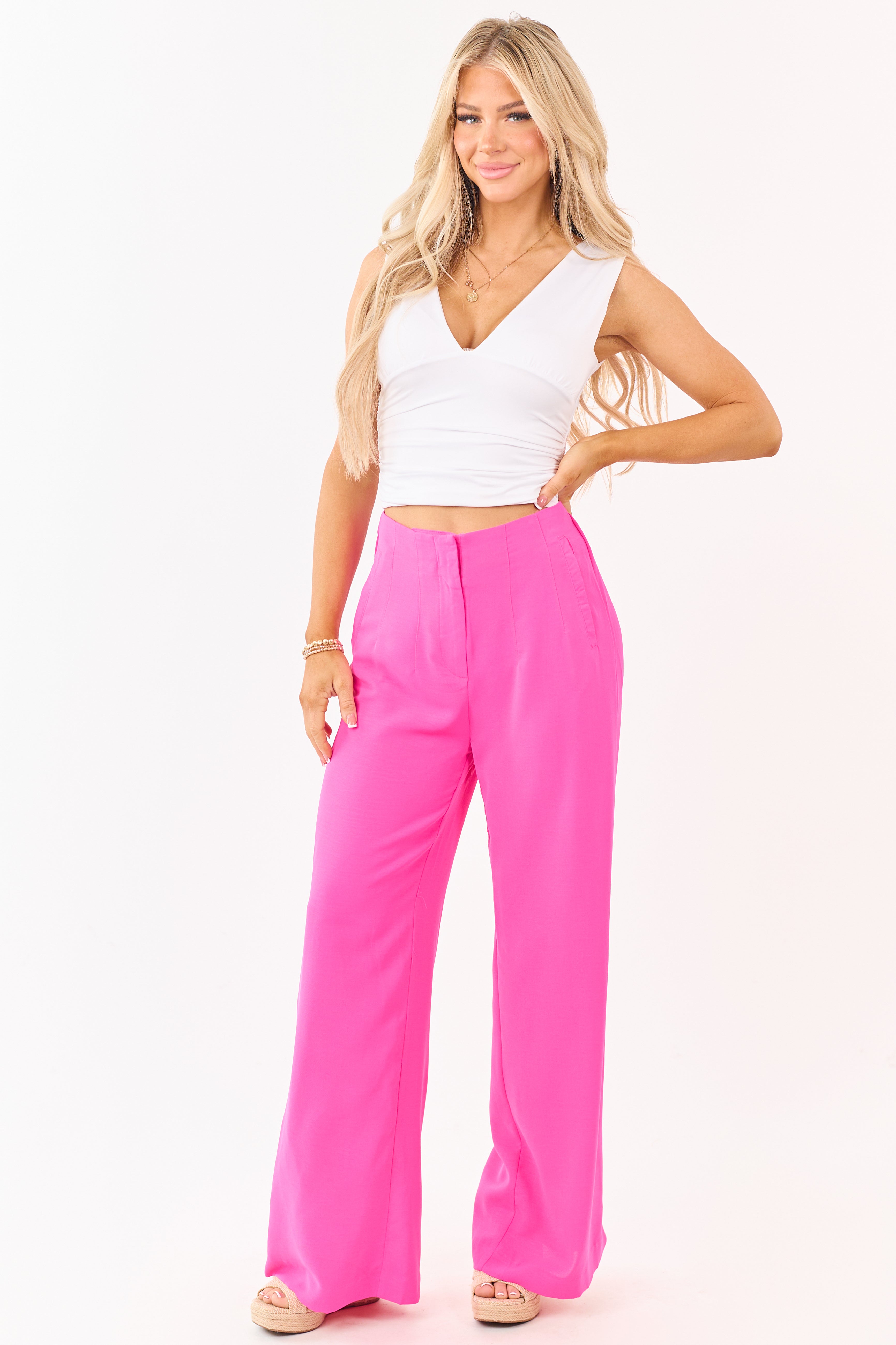 Fuchsia High Waisted Flowy Wide Leg Pants