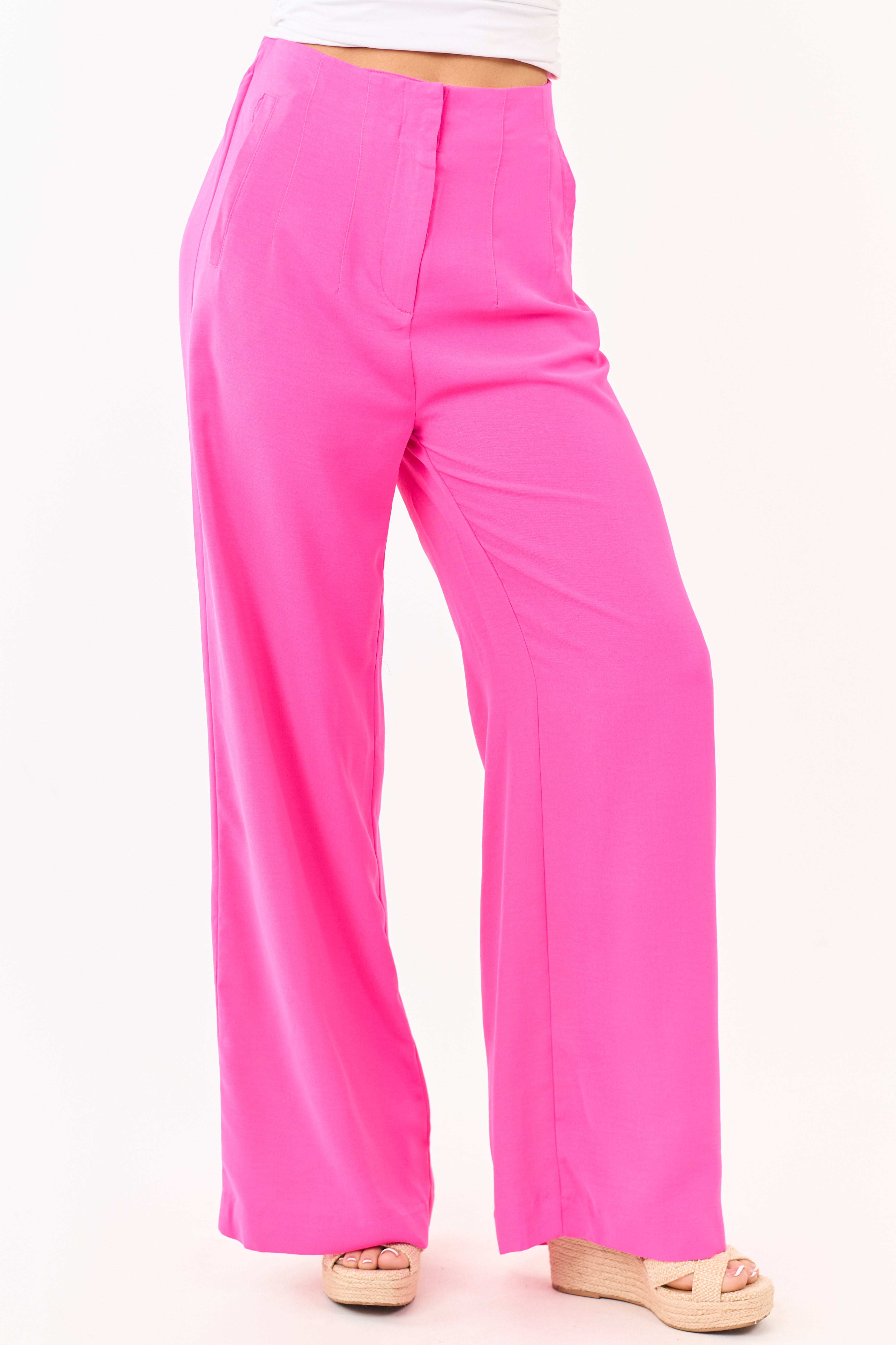 Fuchsia High Waisted Flowy Wide Leg Pants