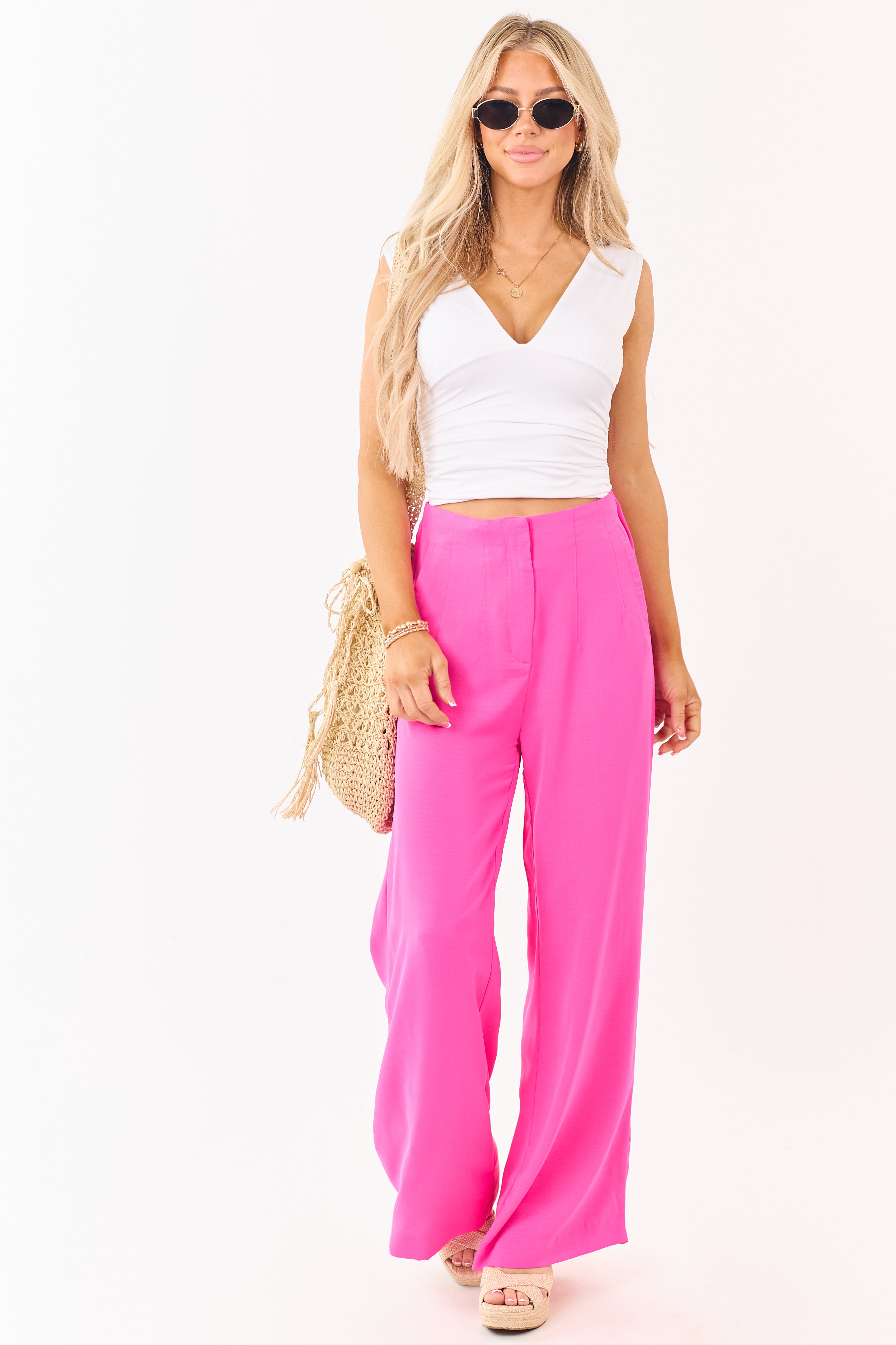 Fuchsia High Waisted Flowy Wide Leg Pants