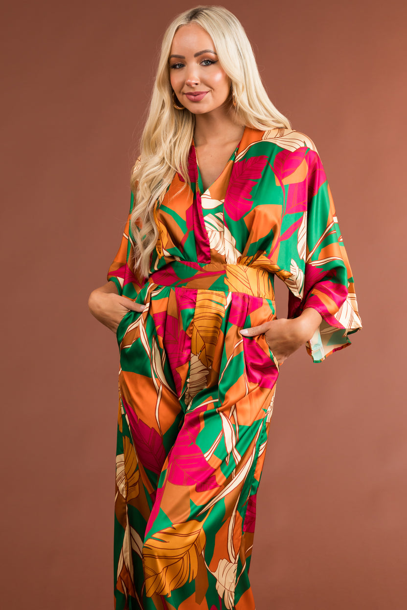Flying Tomato Fuchsia Pleated Leg Long Puff Sleeve Jumpsuit