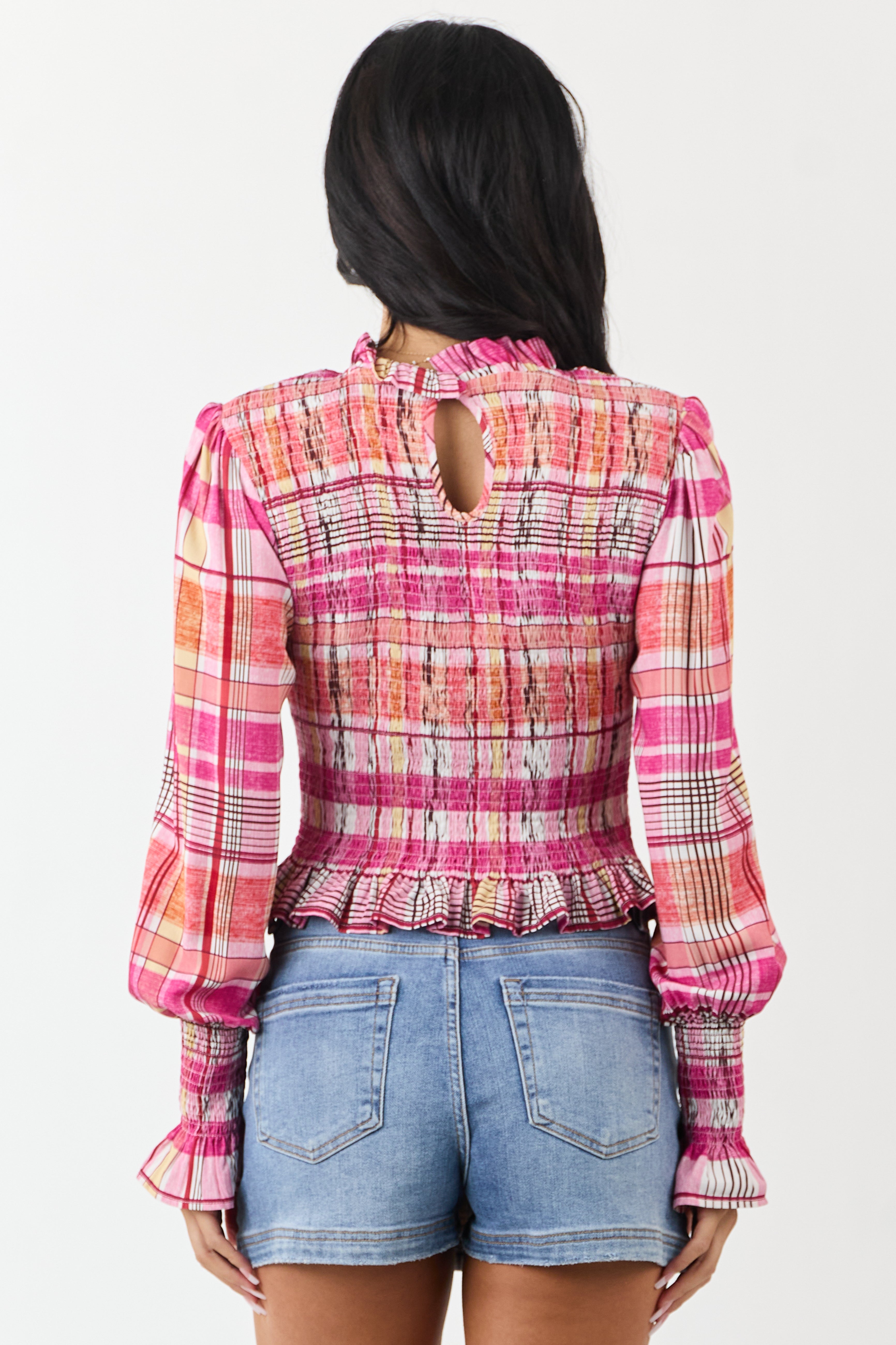 Fuchsia Plaid Smocked Long Sleeve Cotton Top