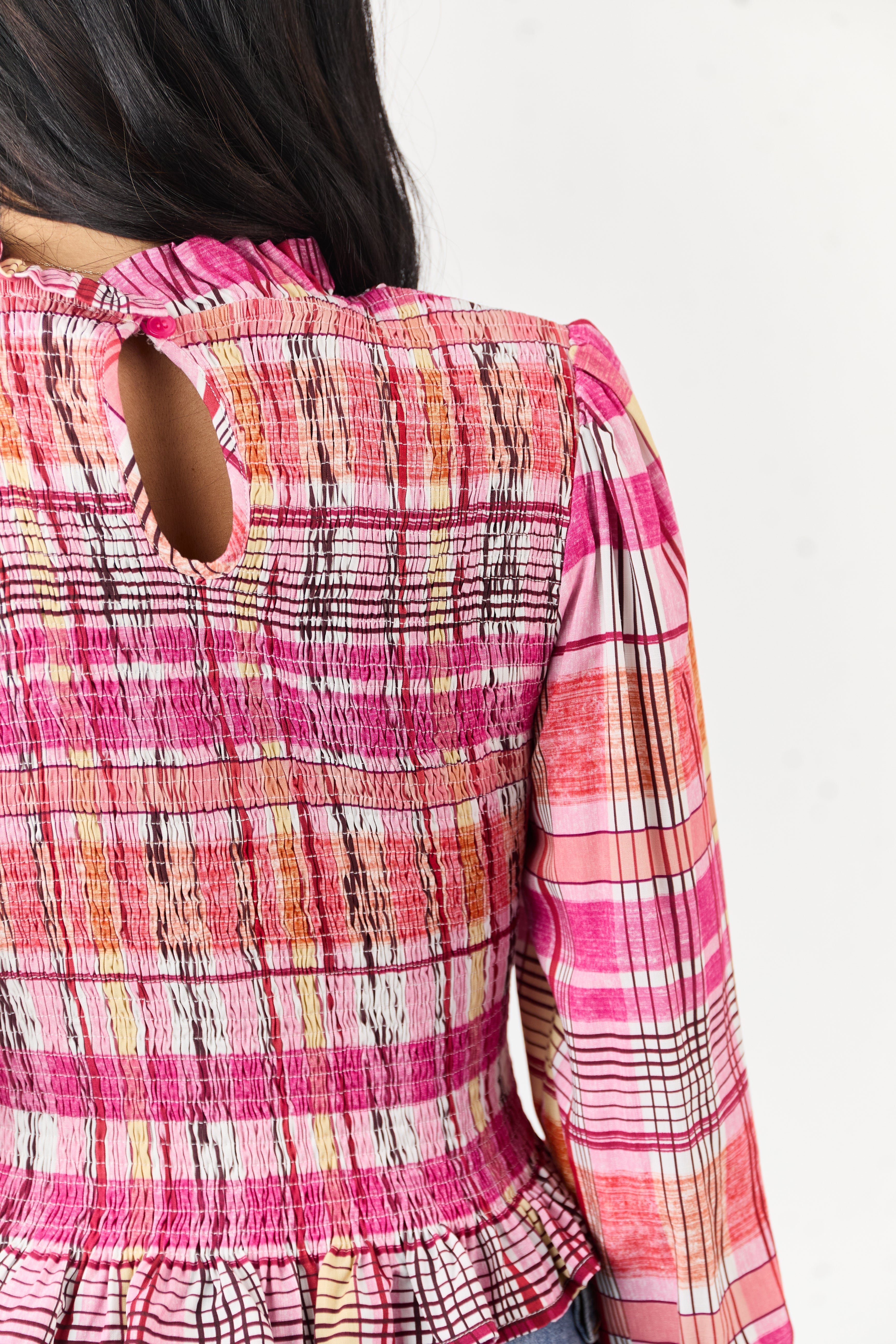 Fuchsia Plaid Smocked Long Sleeve Cotton Top