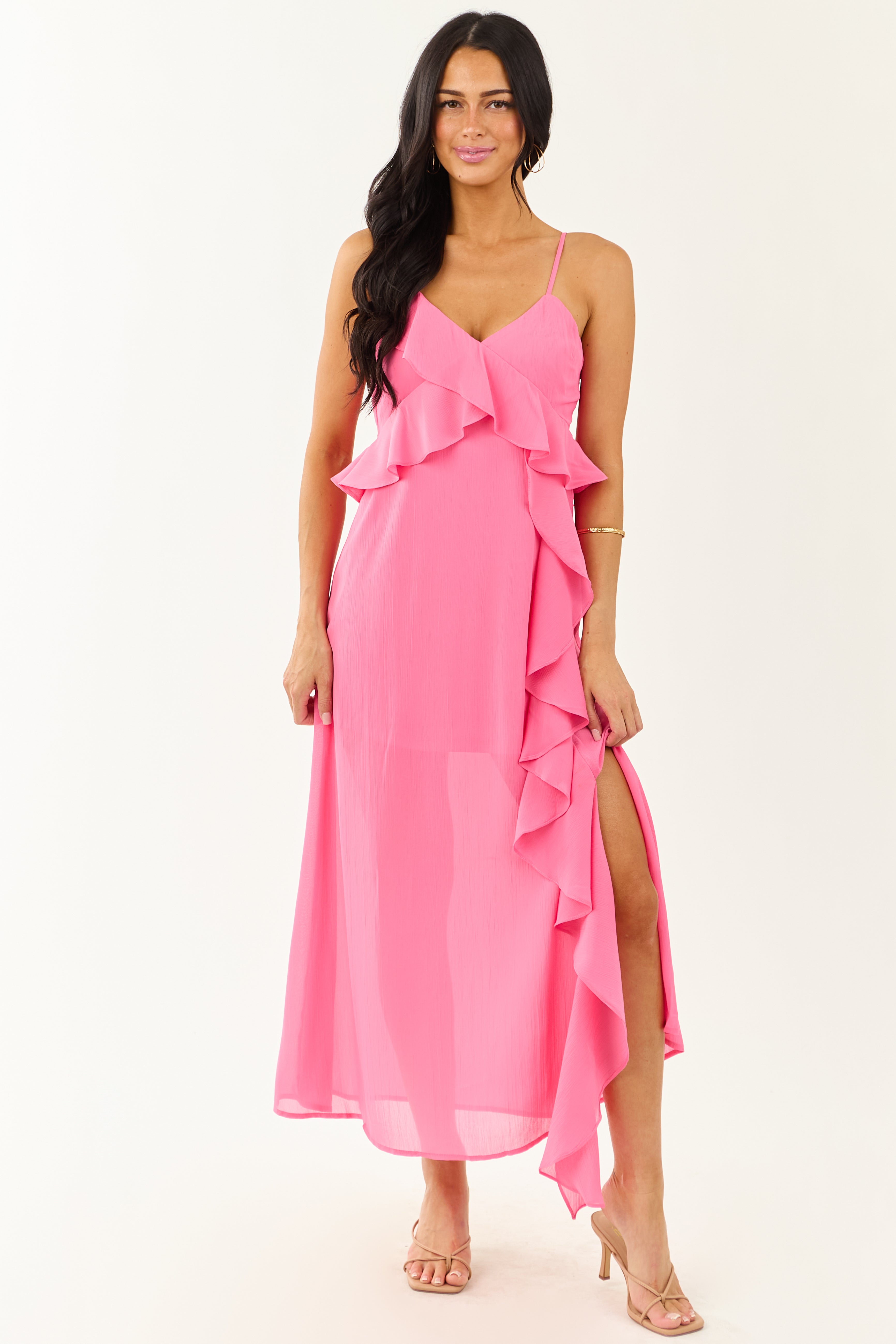 Fuchsia Ruffle Side Slit Chiffon Maxi Dress