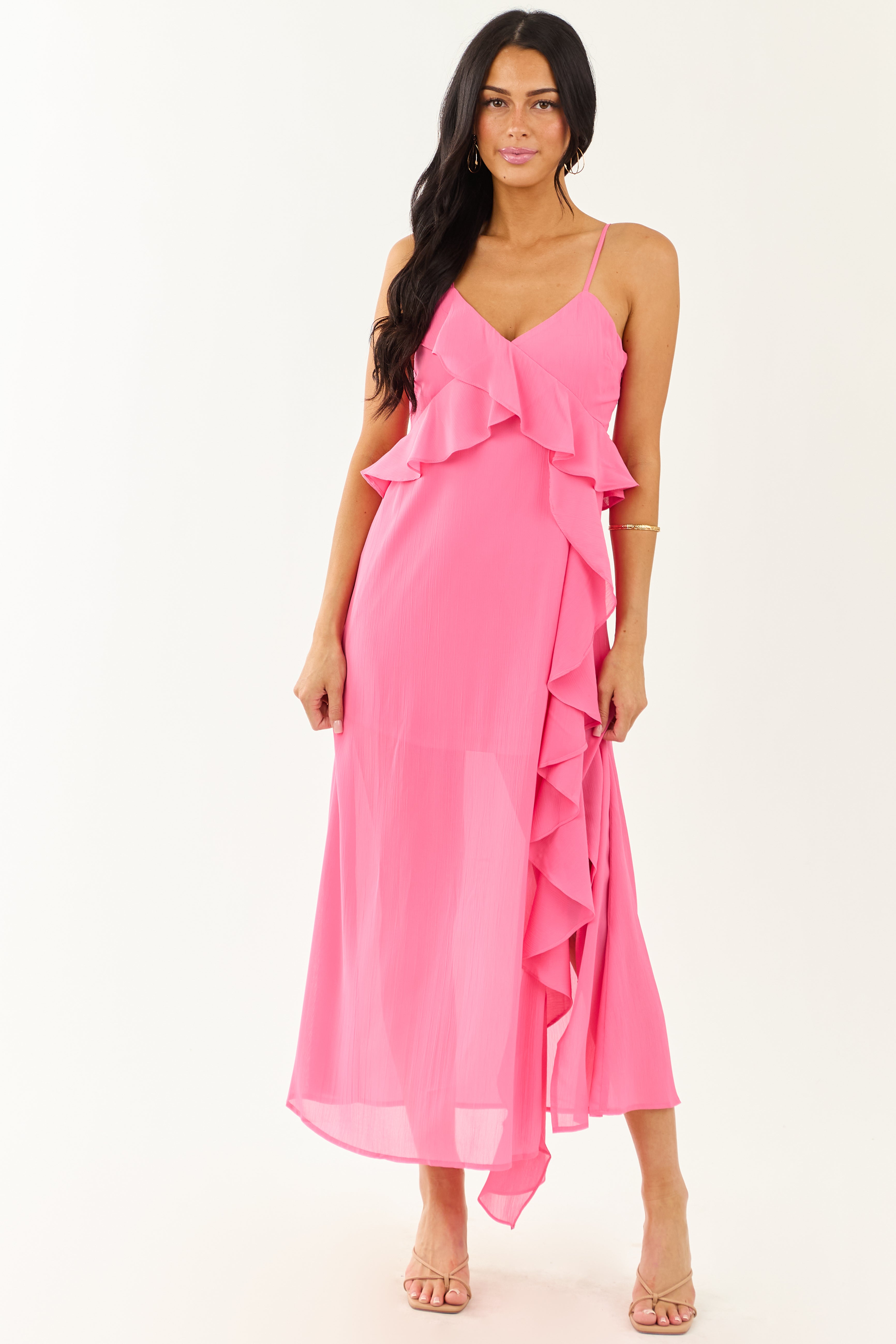 Fuchsia Ruffle Side Slit Chiffon Maxi Dress