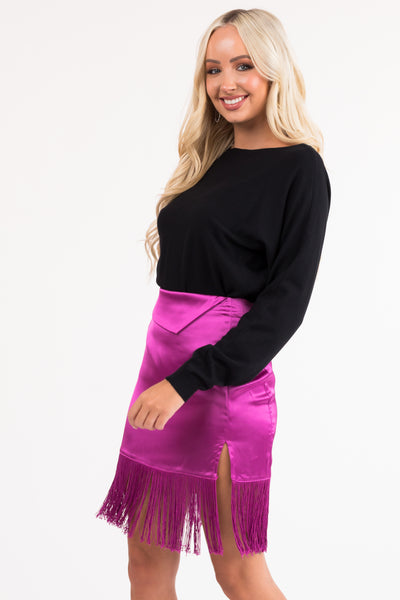 Fuchsia Satin Mini Skirt with Fringe