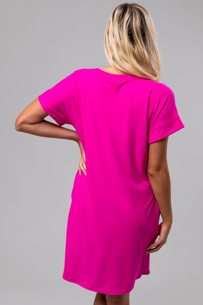 Fuchsia Soft V Neck Short Sleeve Mini Dress