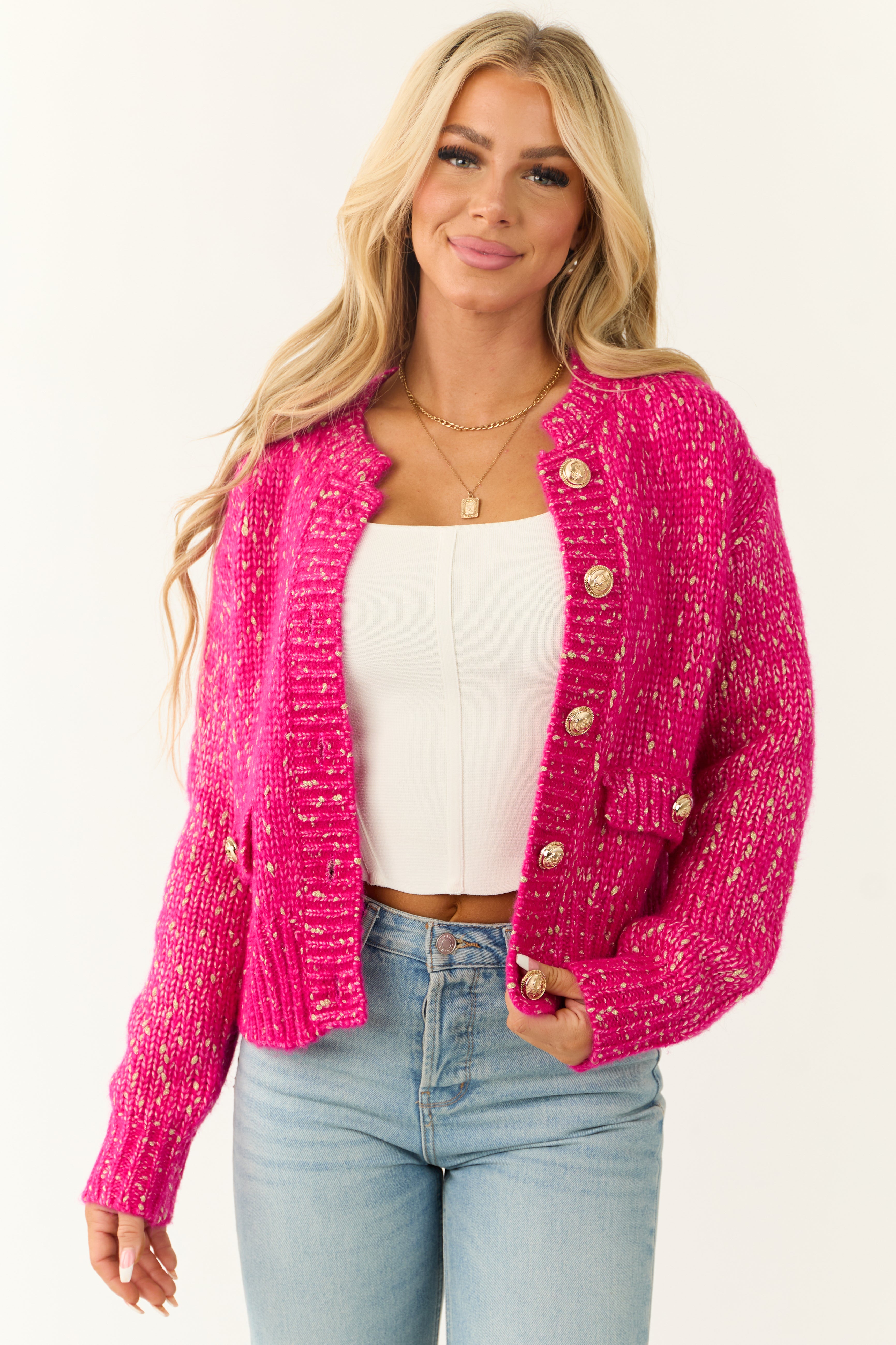Fuchsia Speckled Yarn Knit Button Up Thick Cardigan Lime Lush