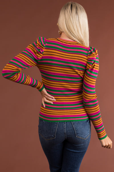 Fuchsia Striped Puff Long Sleeve Shirt