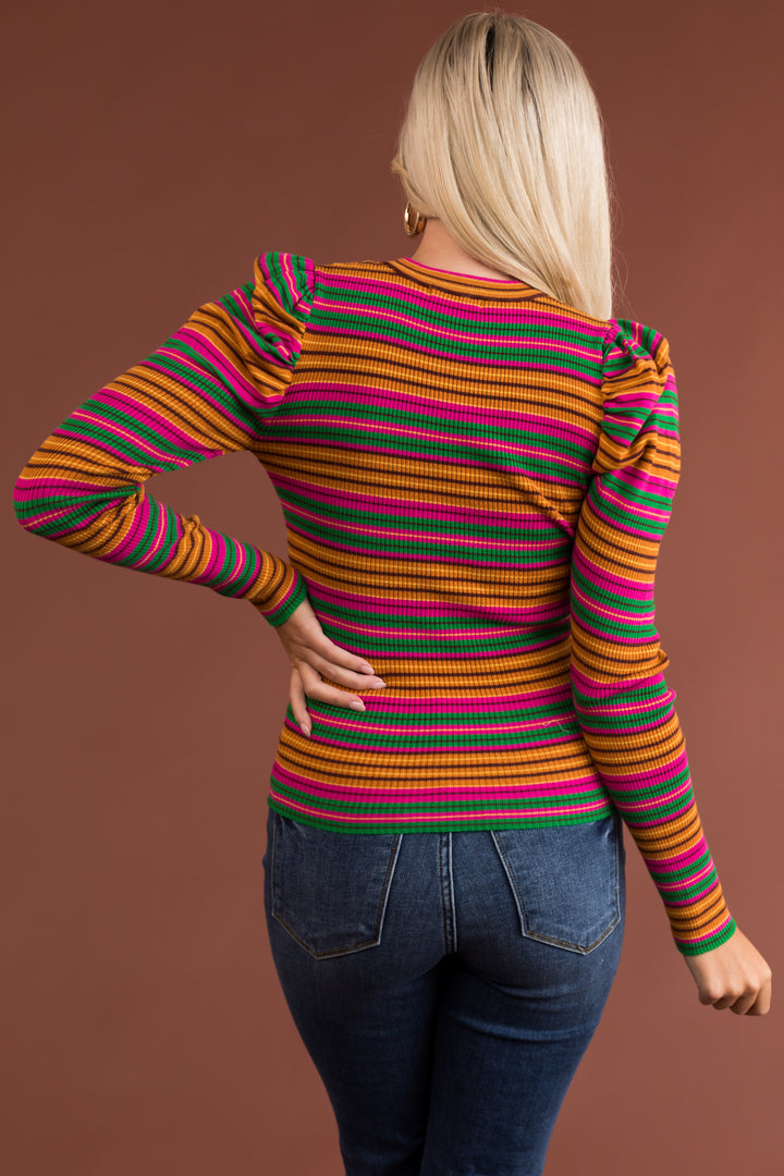 Fuchsia Striped Puff Long Sleeve Shirt