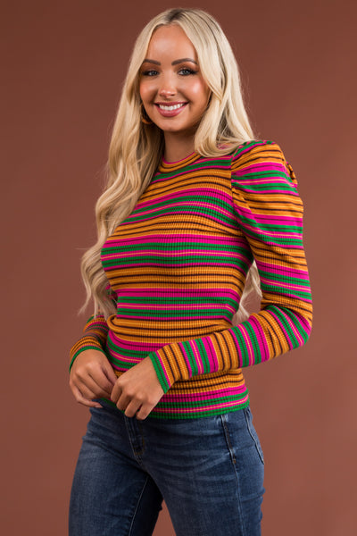 Fuchsia Striped Puff Long Sleeve Shirt