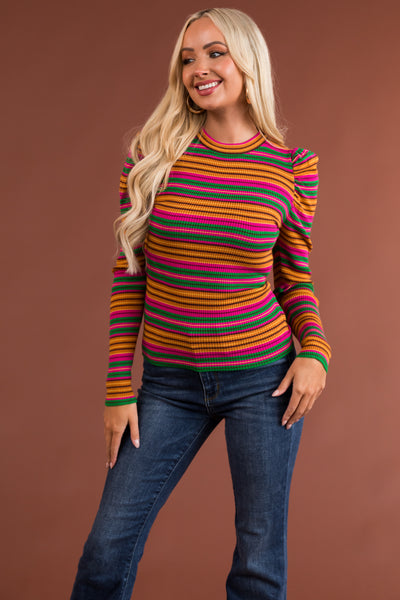Fuchsia Striped Puff Long Sleeve Shirt