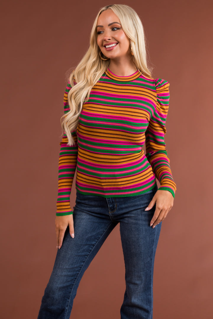 Fuchsia Striped Puff Long Sleeve Shirt