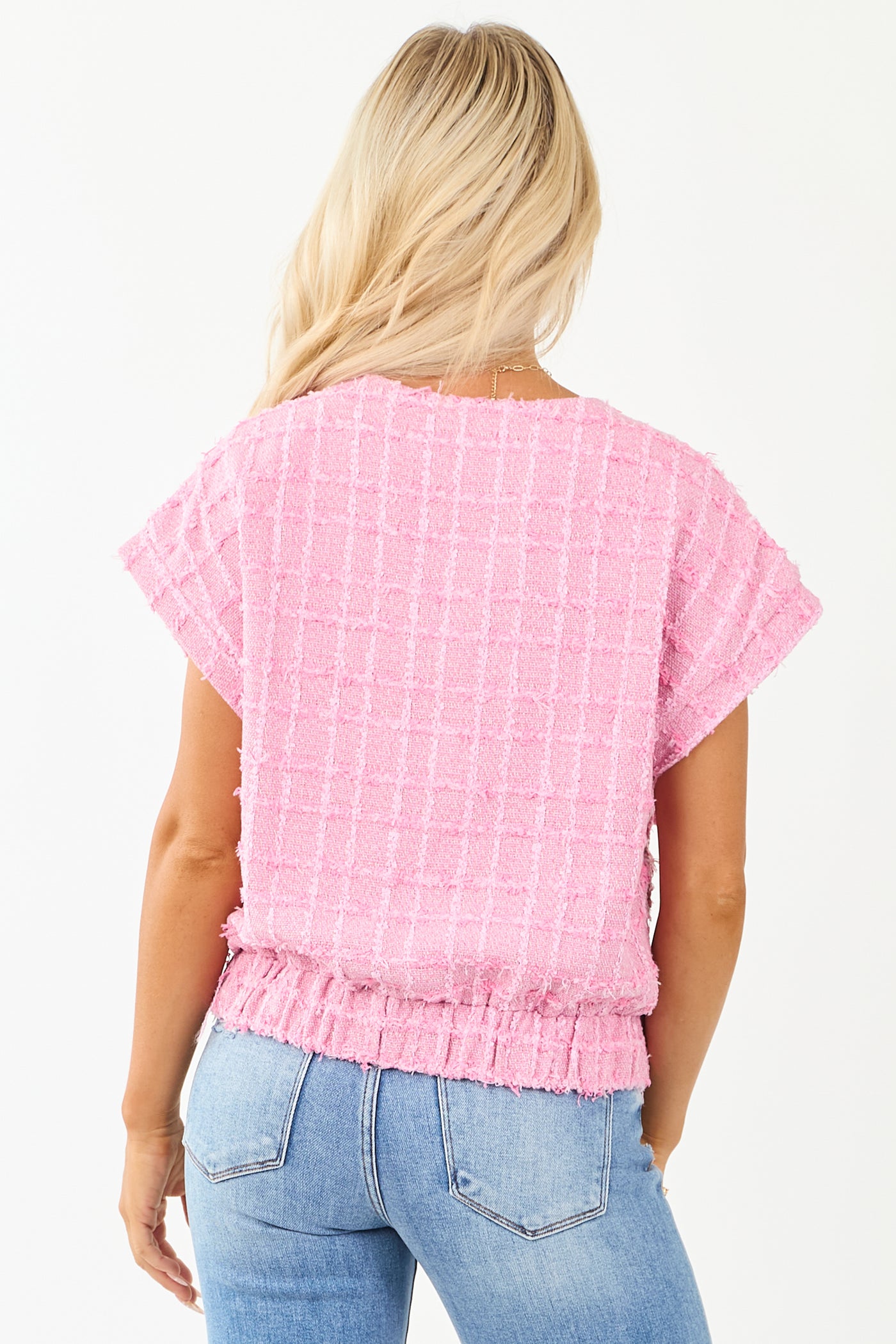 Fuchsia Tweed Button Down Short Sleeve Top