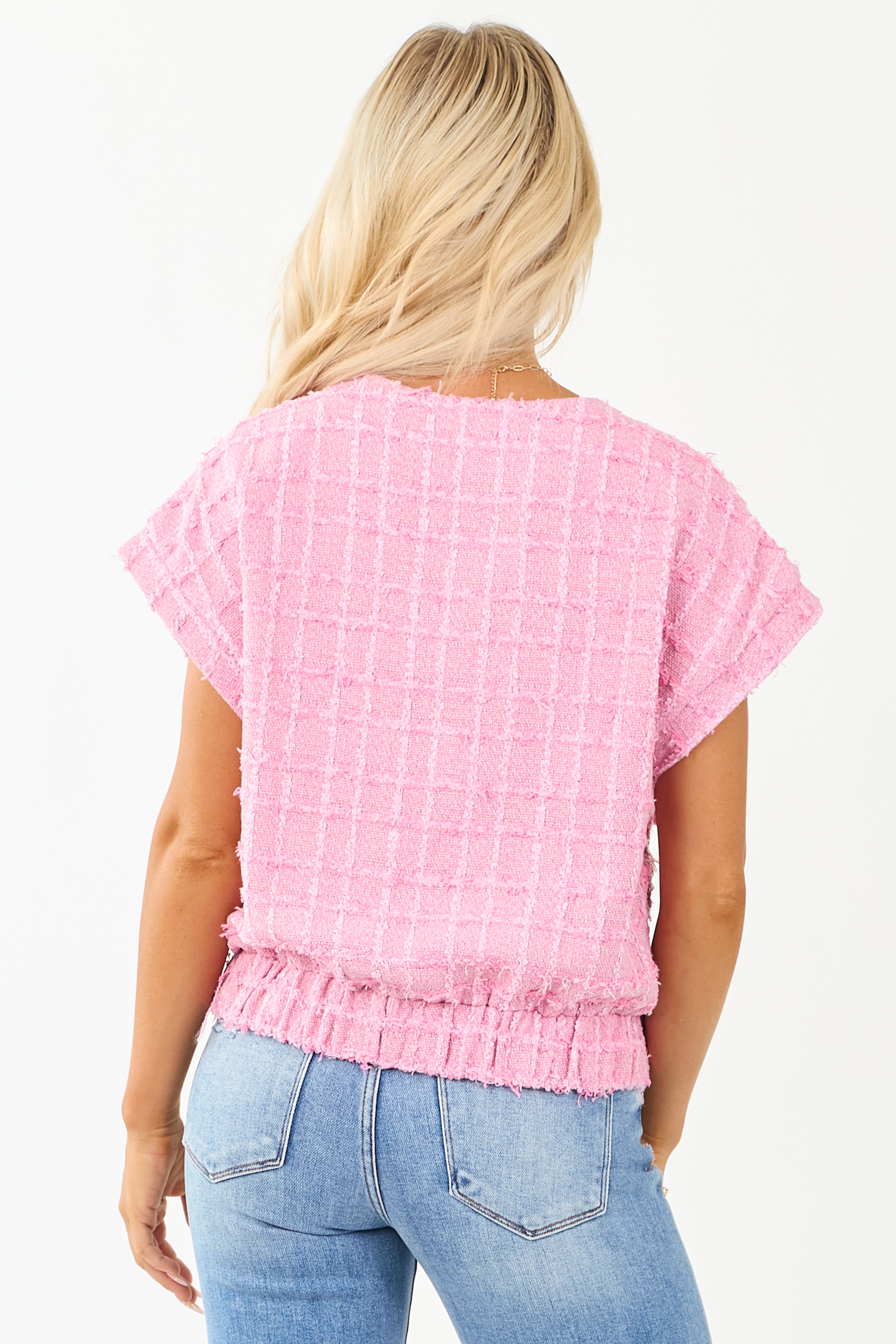 Fuchsia Tweed Button Down Short Sleeve Top