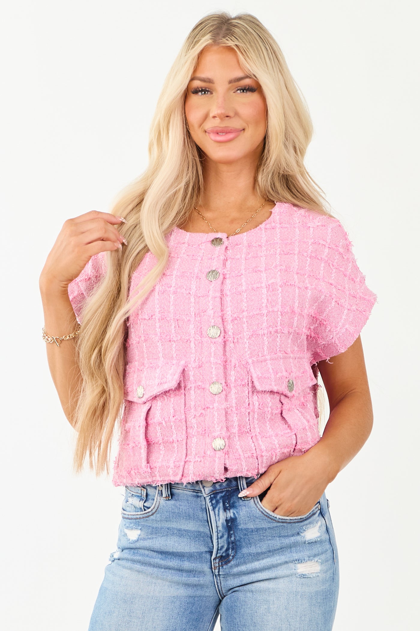 Fuchsia Tweed Button Down Short Sleeve Top