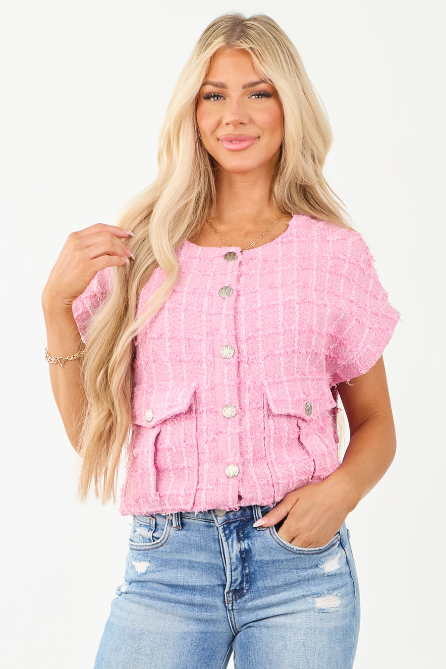 Fuchsia Tweed Button Down Short Sleeve Top