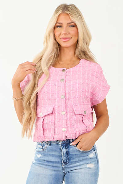 Fuchsia Tweed Button Down Short Sleeve Top | Lime Lush Boutique
