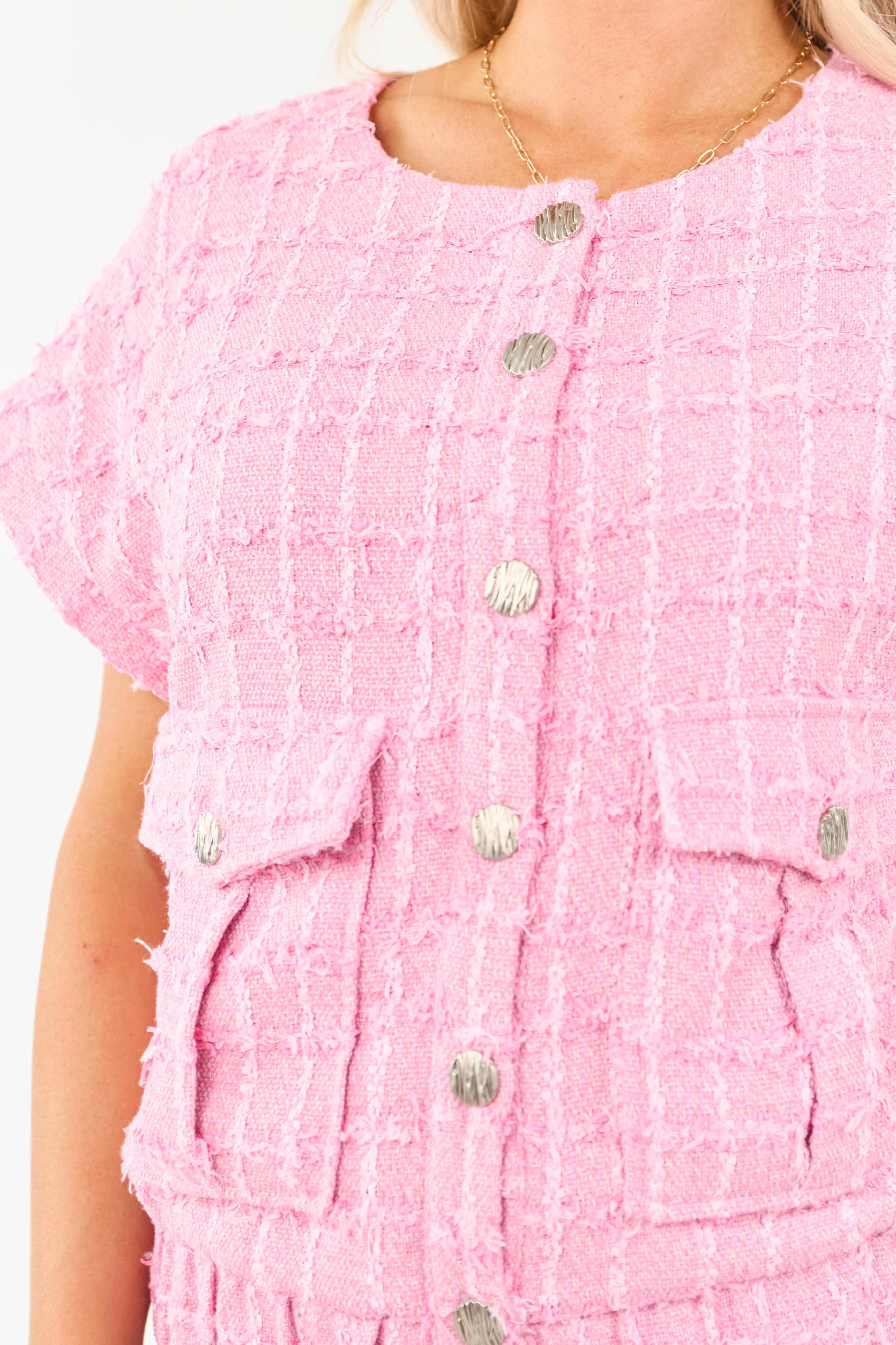 Fuchsia Tweed Button Down Short Sleeve Top
