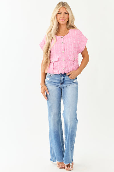 Fuchsia Tweed Button Down Short Sleeve Top