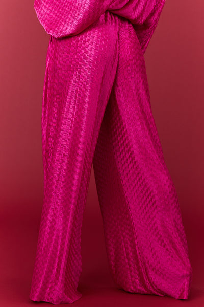 Fuchsia Wavy Texture Wide Leg Satin Pants
