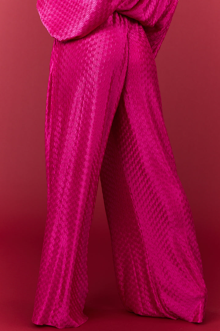 Fuchsia Wavy Texture Wide Leg Satin Pants