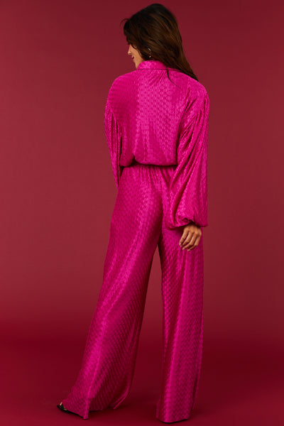 Fuchsia Wavy Texture Wide Leg Satin Pants