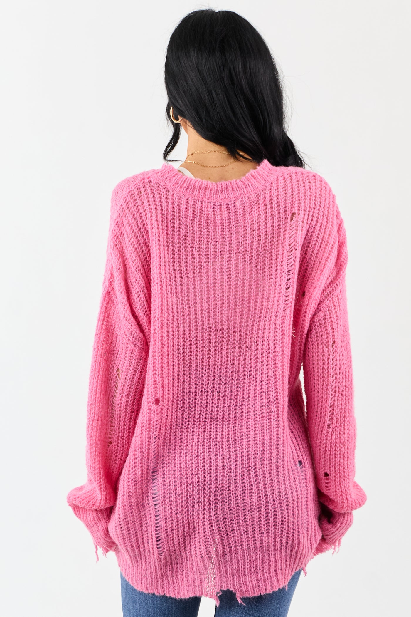Fuchsia Wool Blend Distressed Ribbed Knit Sweater
