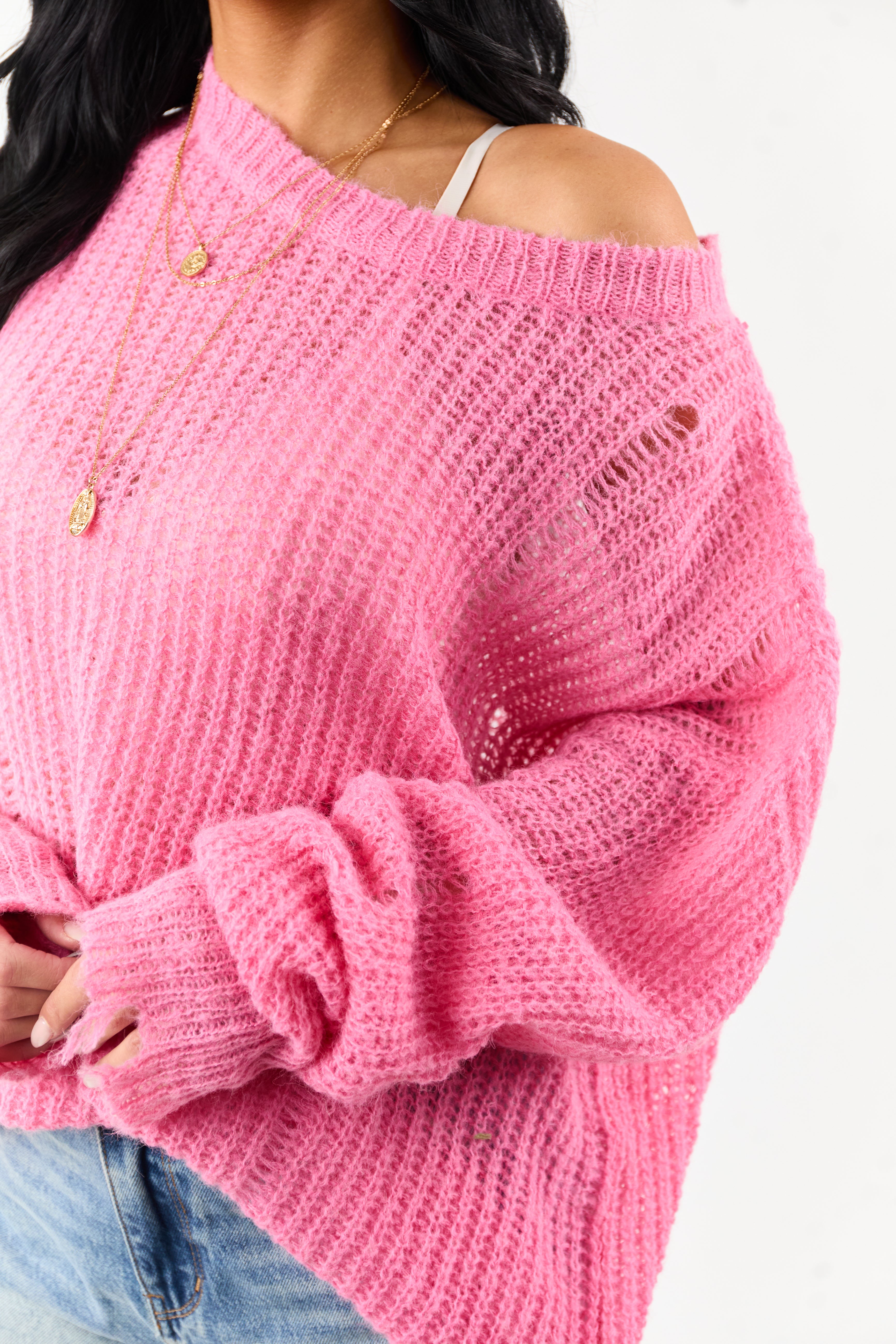 Fuchsia Wool Blend Distressed Ribbed Knit Sweater