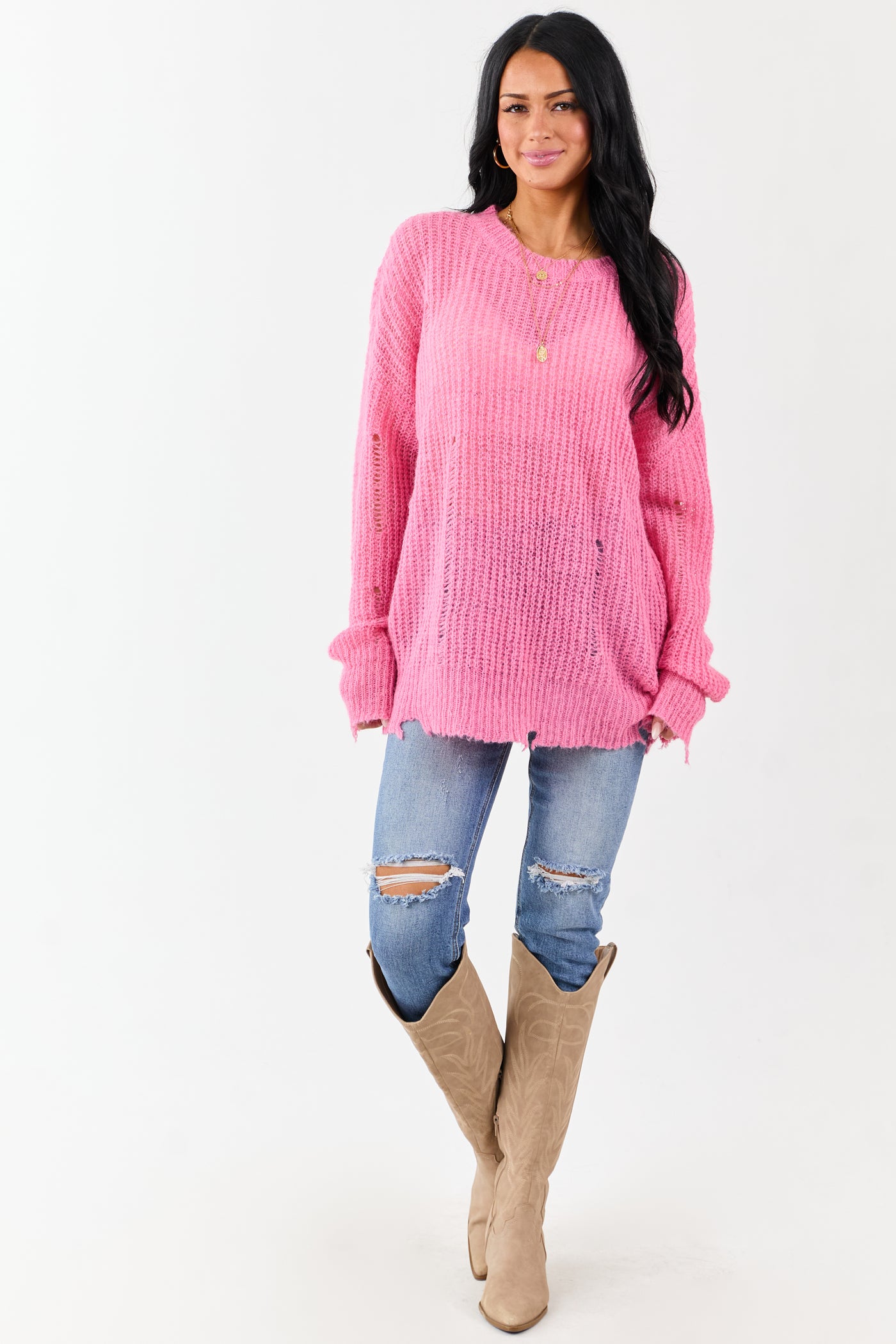 Fuchsia Wool Blend Distressed Ribbed Knit Sweater