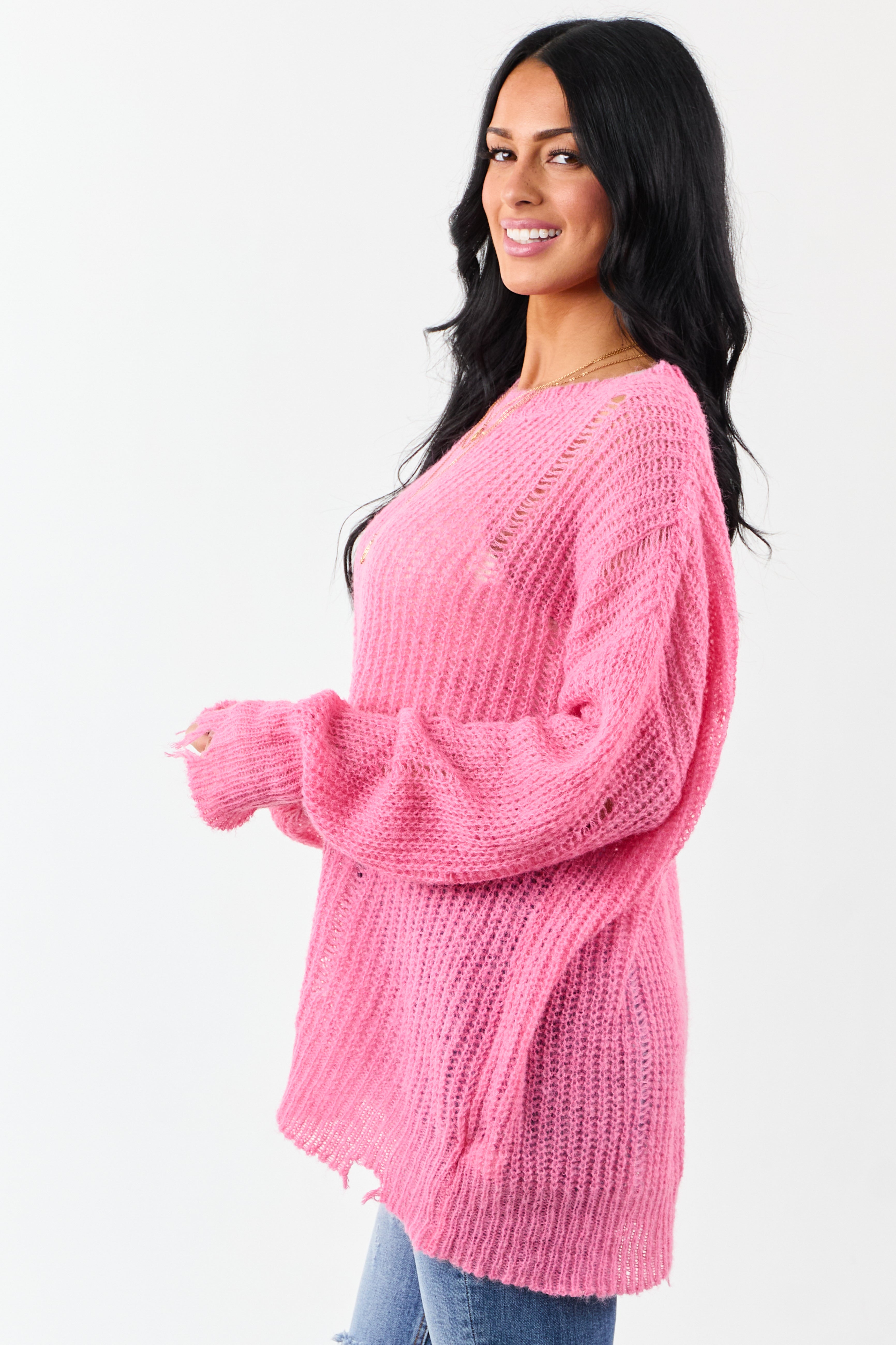 Fuchsia Wool Blend Distressed Ribbed Knit Sweater