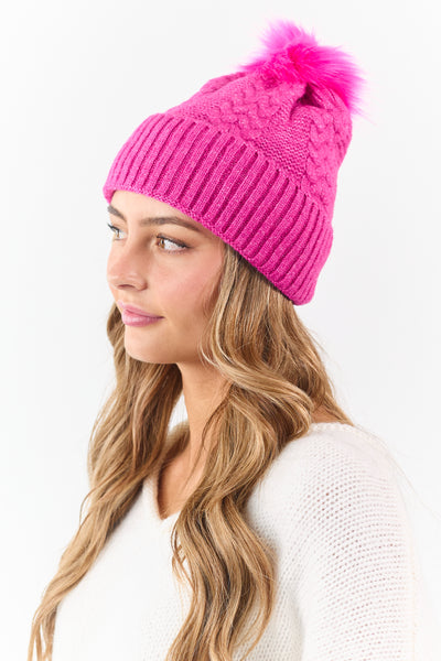 Fuchsia Cable Knit Pom Pom Beanie