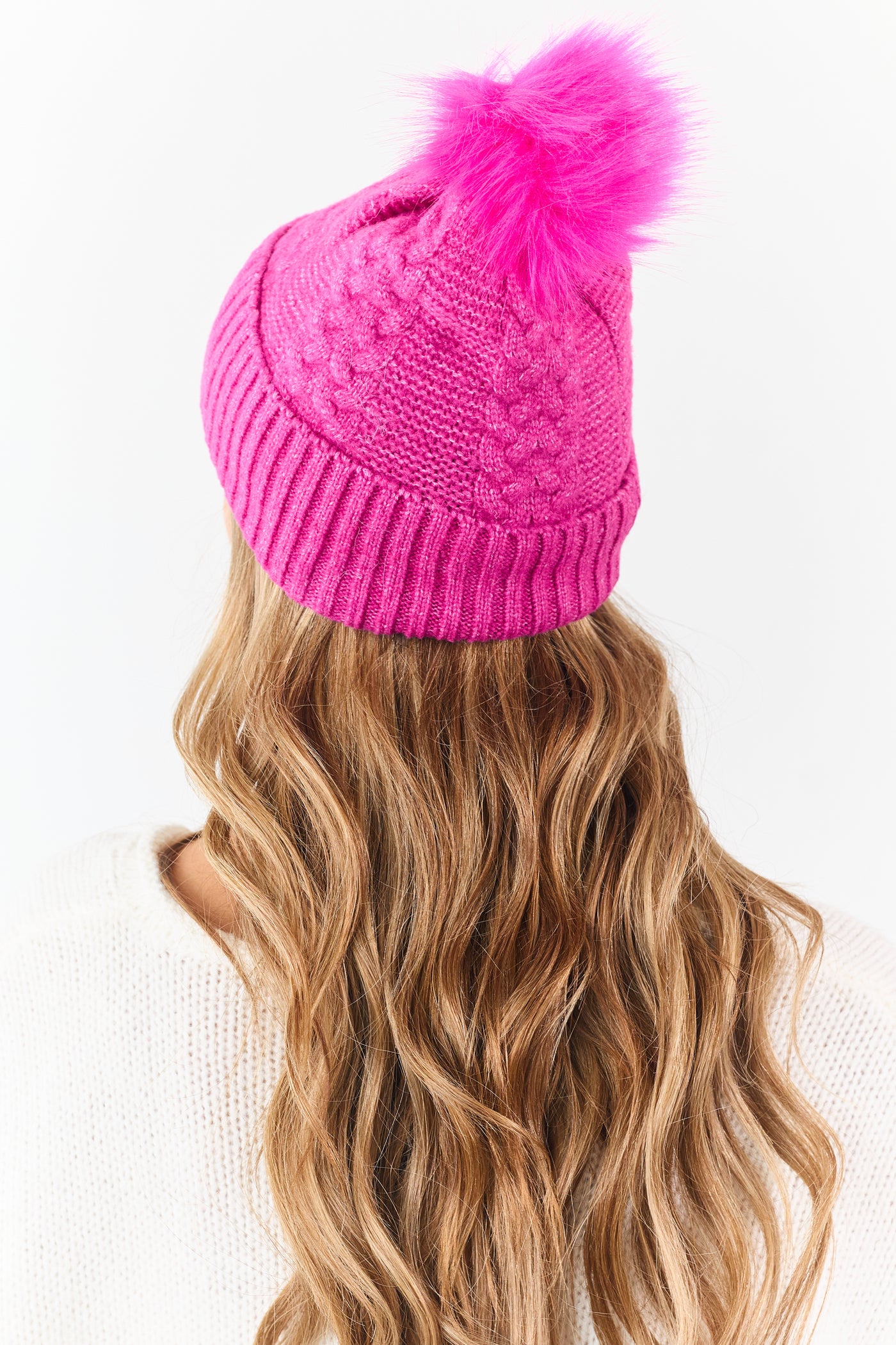 Fuchsia Cable Knit Pom Pom Beanie