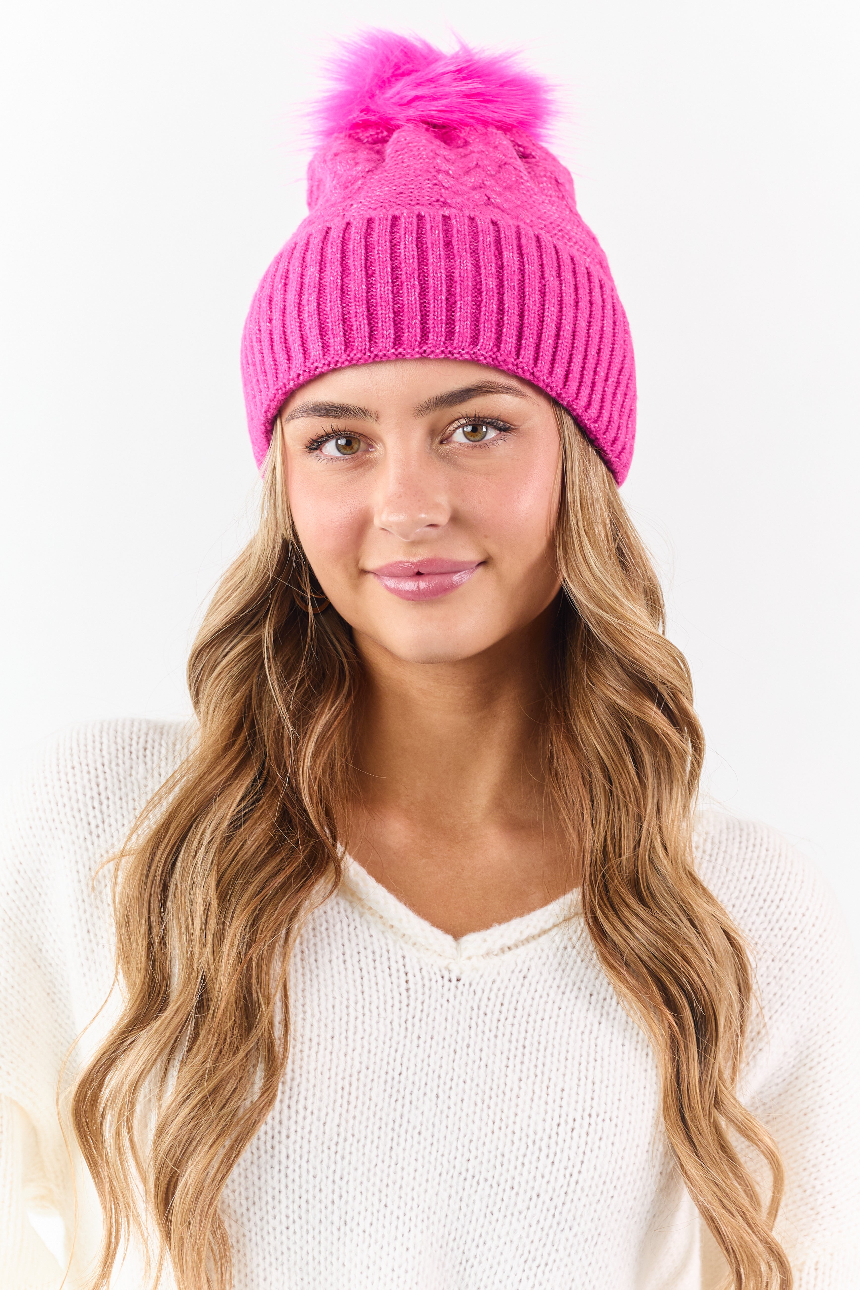 Fuchsia Cable Knit Pom Pom Beanie