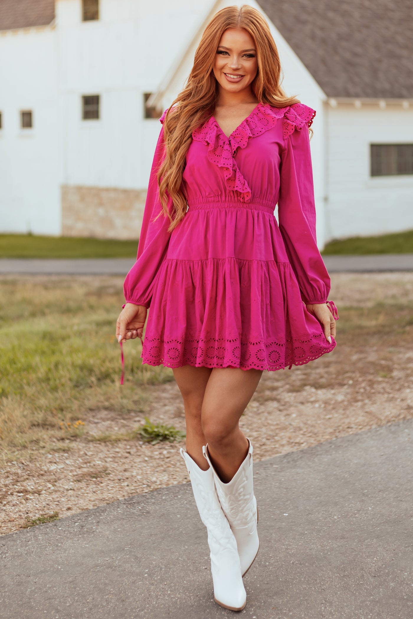 Fuchsia Long Sleeve Eyelet Detail Mini Dress Fuchsia Long Sleeve Eyelet Detail Mini Dress