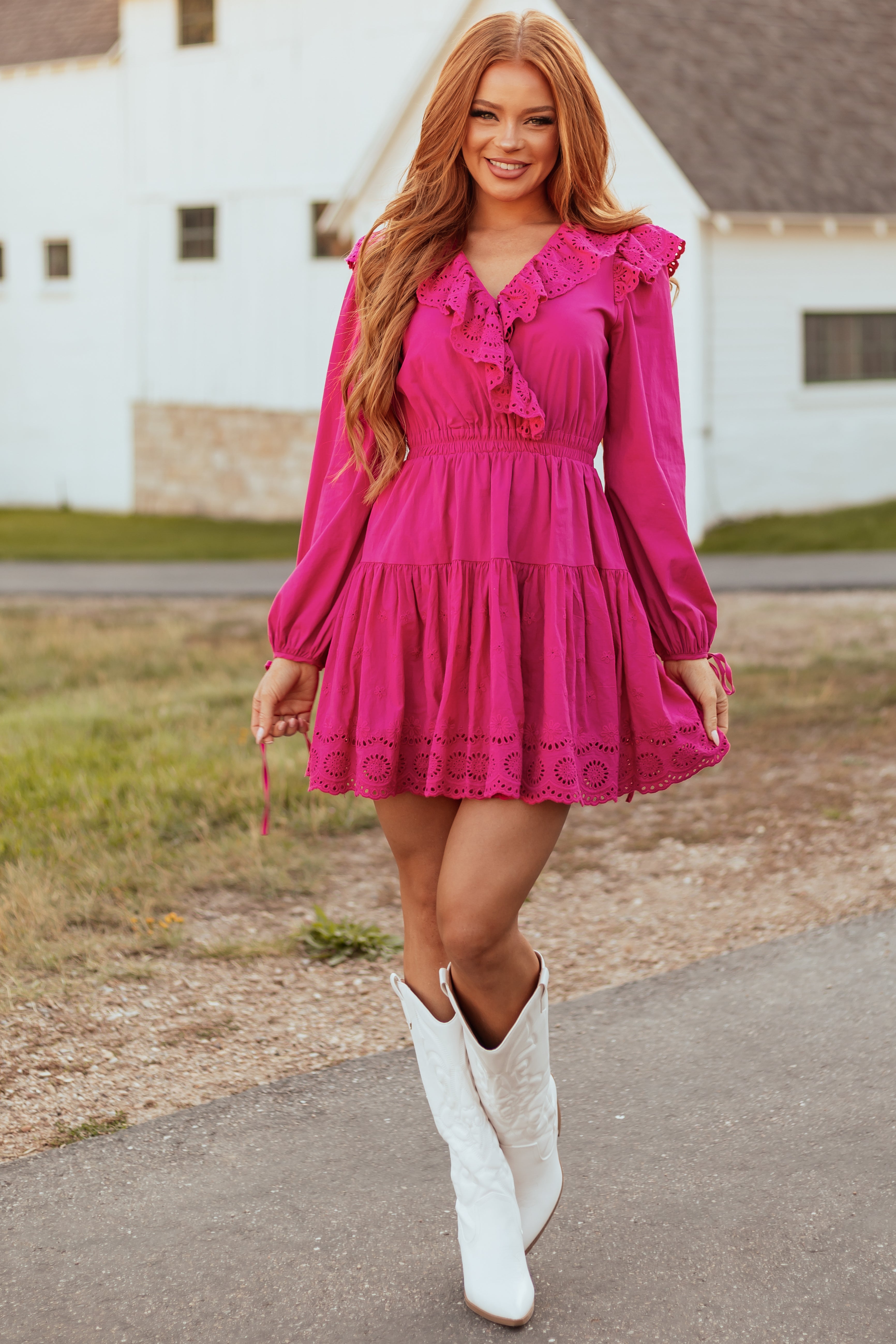 Fuchsia Long Sleeve Eyelet Detail Mini Dress Fuchsia Long Sleeve Eyelet Detail Mini Dress