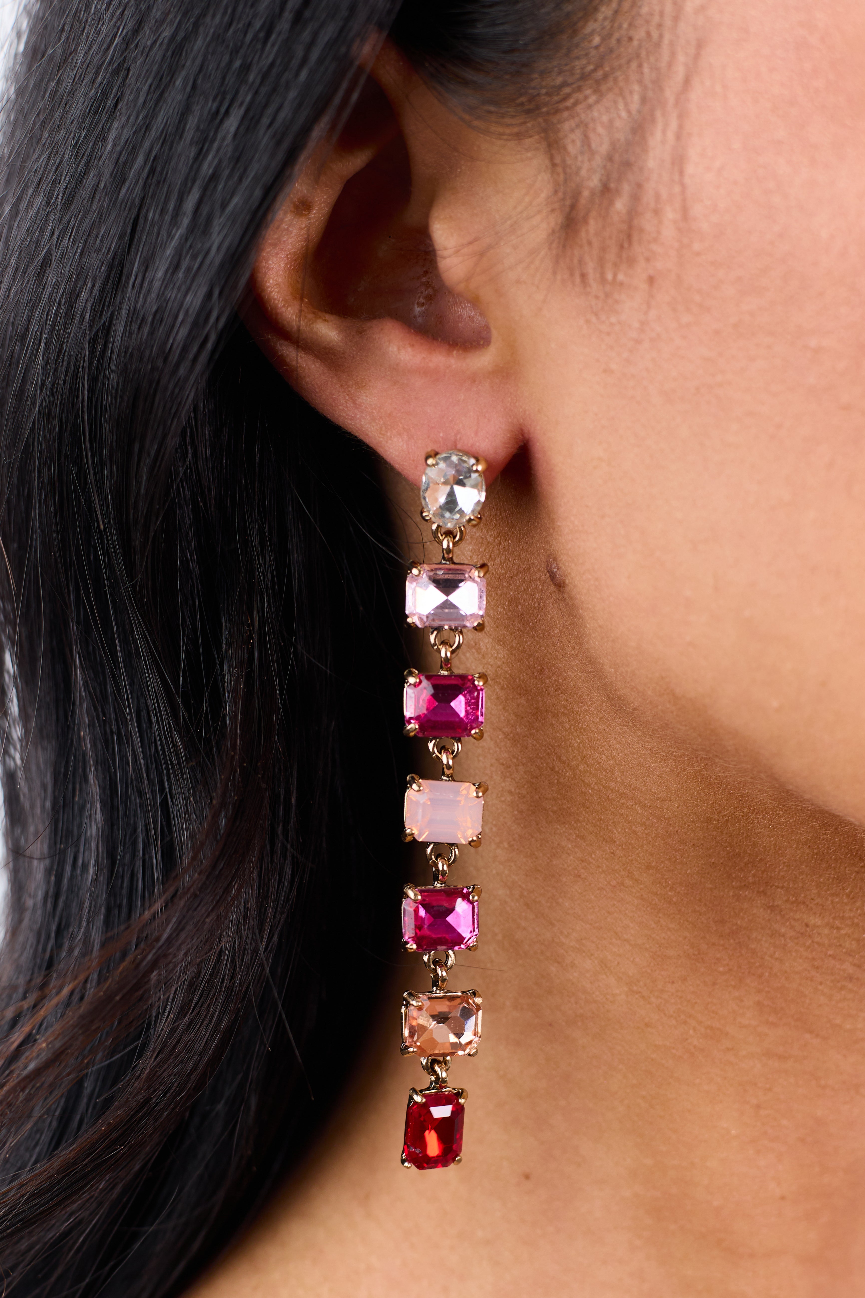 Fuchsia Rhinestone Chain Dangle Earrings