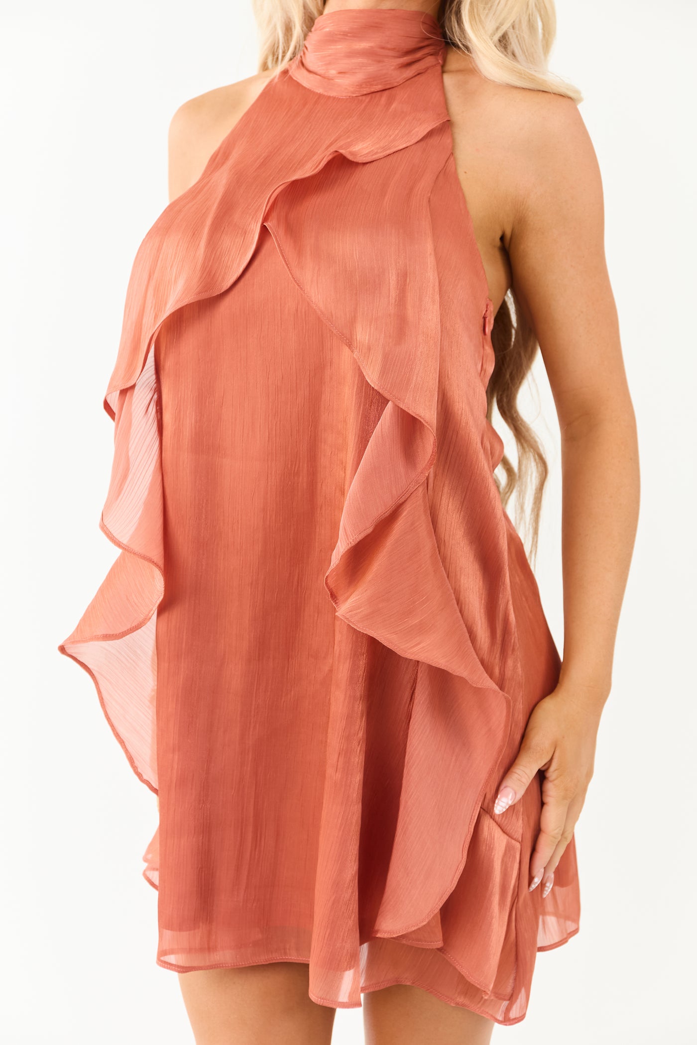 Ginger Chiffon Halter Neck Ruffle Mini Dress